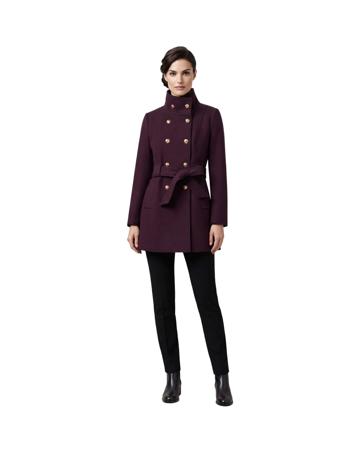 Saco morado abotonado cruzado con cinturon ajustable