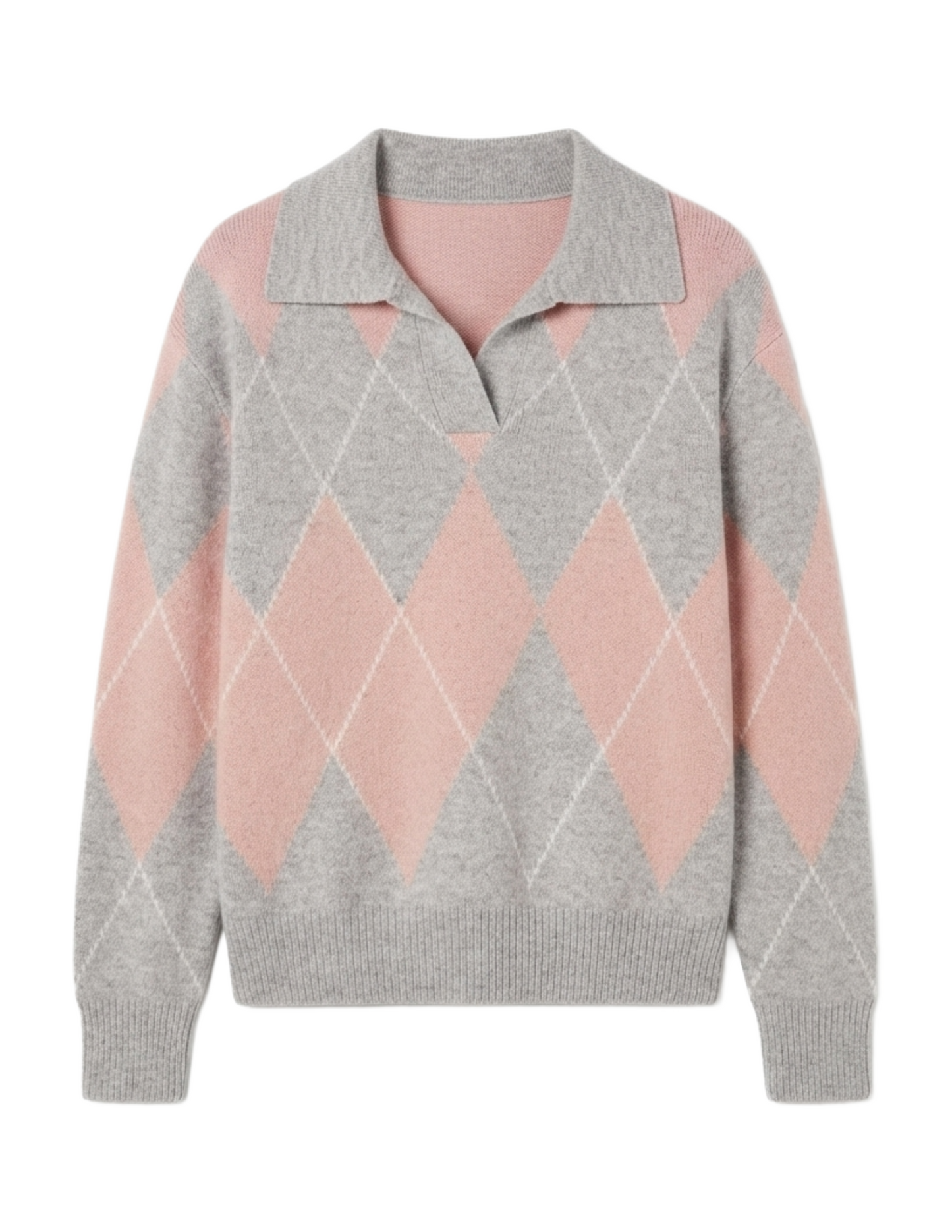 Suéter gris con rombos rosas cuello tipo camisa
