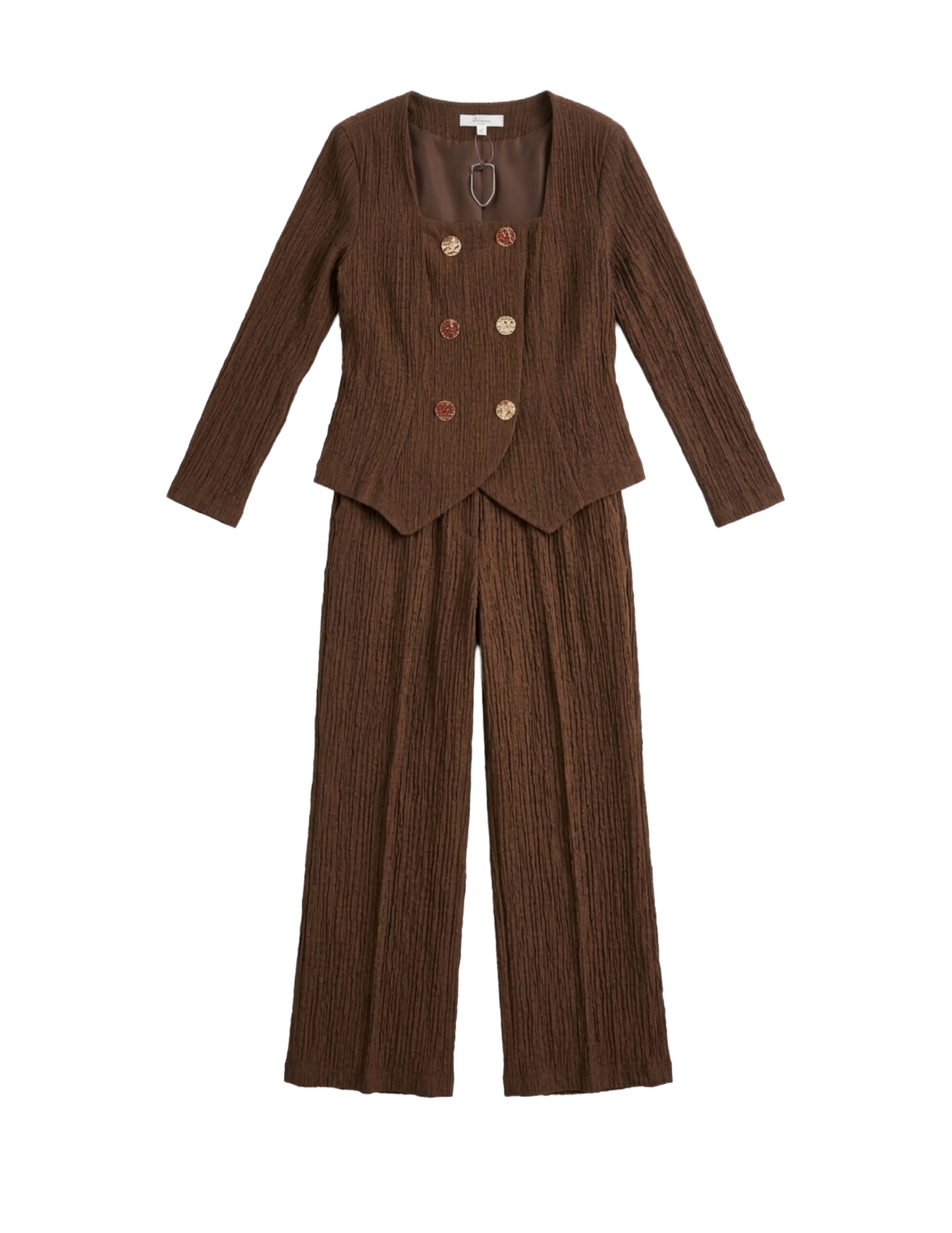 Conjunto acanalado cafe de blusa abotonada con pantalon