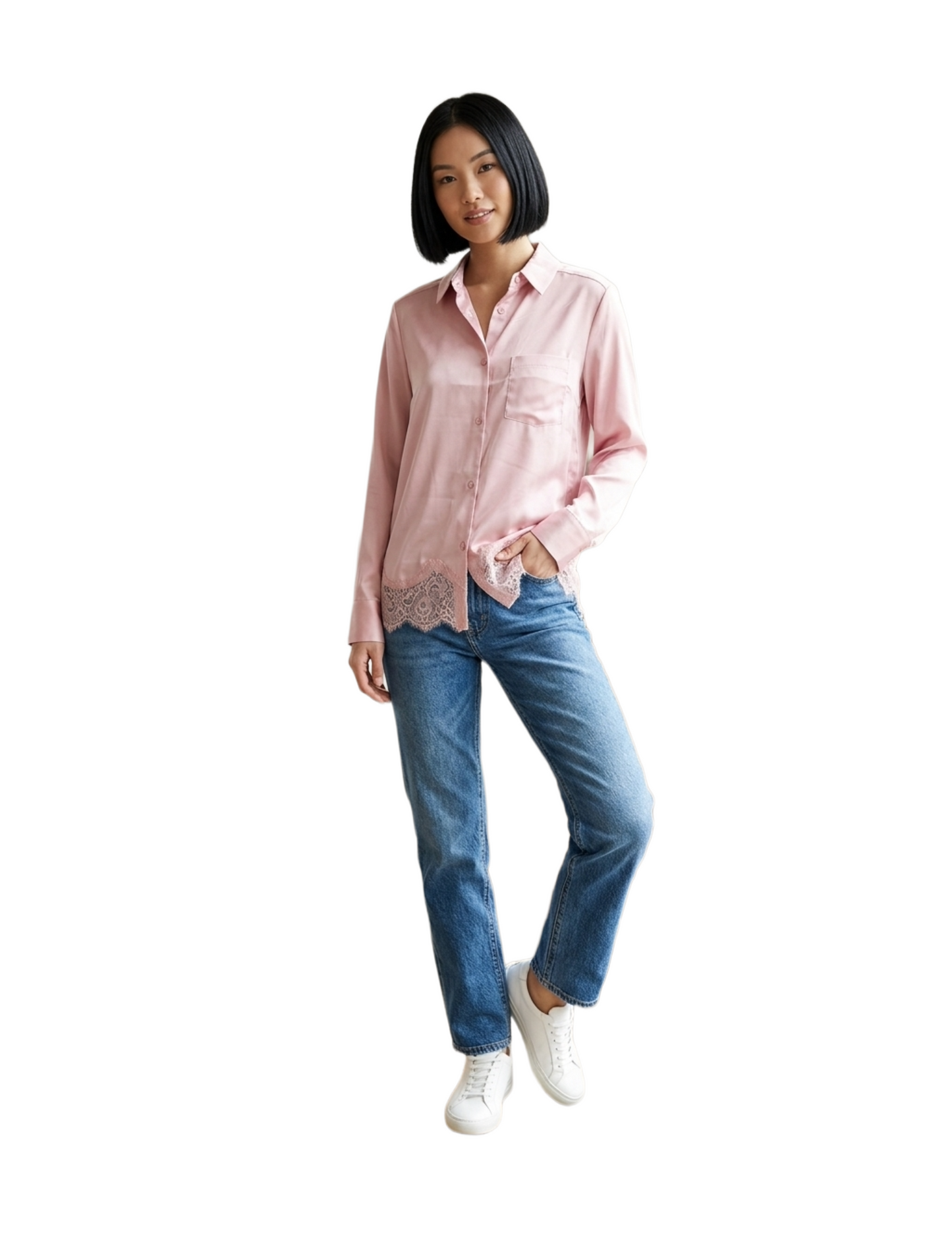 Blusa rosa abotonada con encaje en costura decorativo