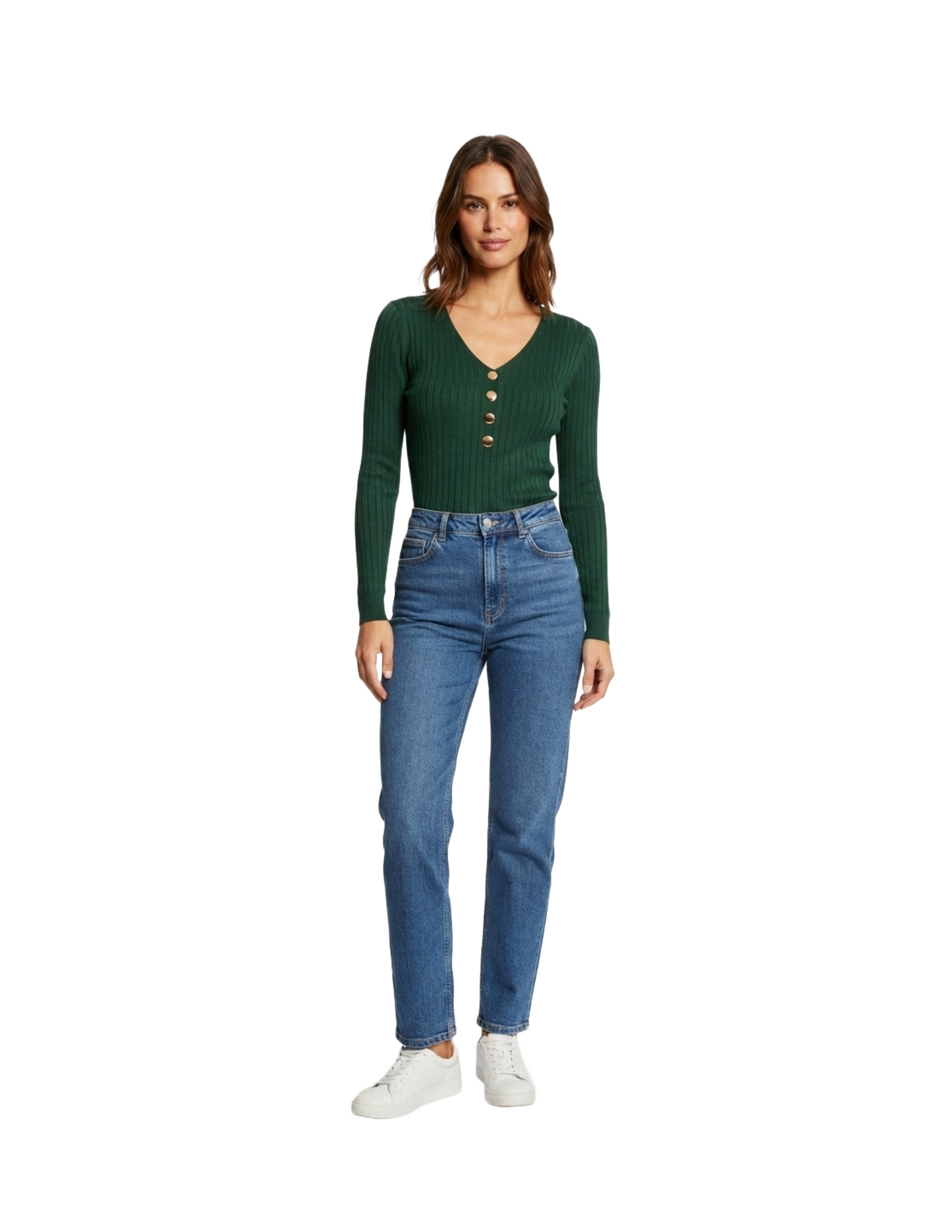 Blusa verde acanalada con botones decorativos manga larga