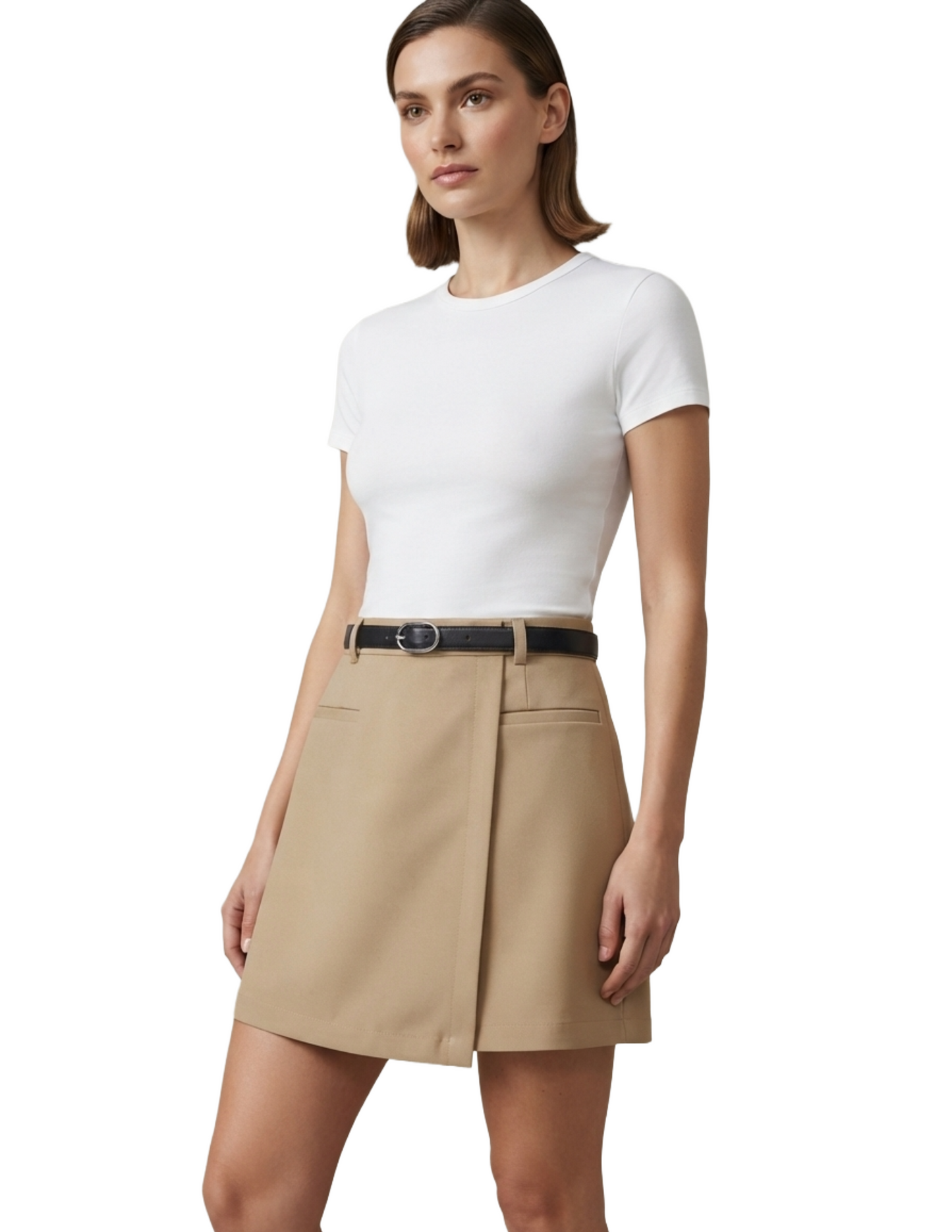 Mini falda short cruzada con cinto cafe