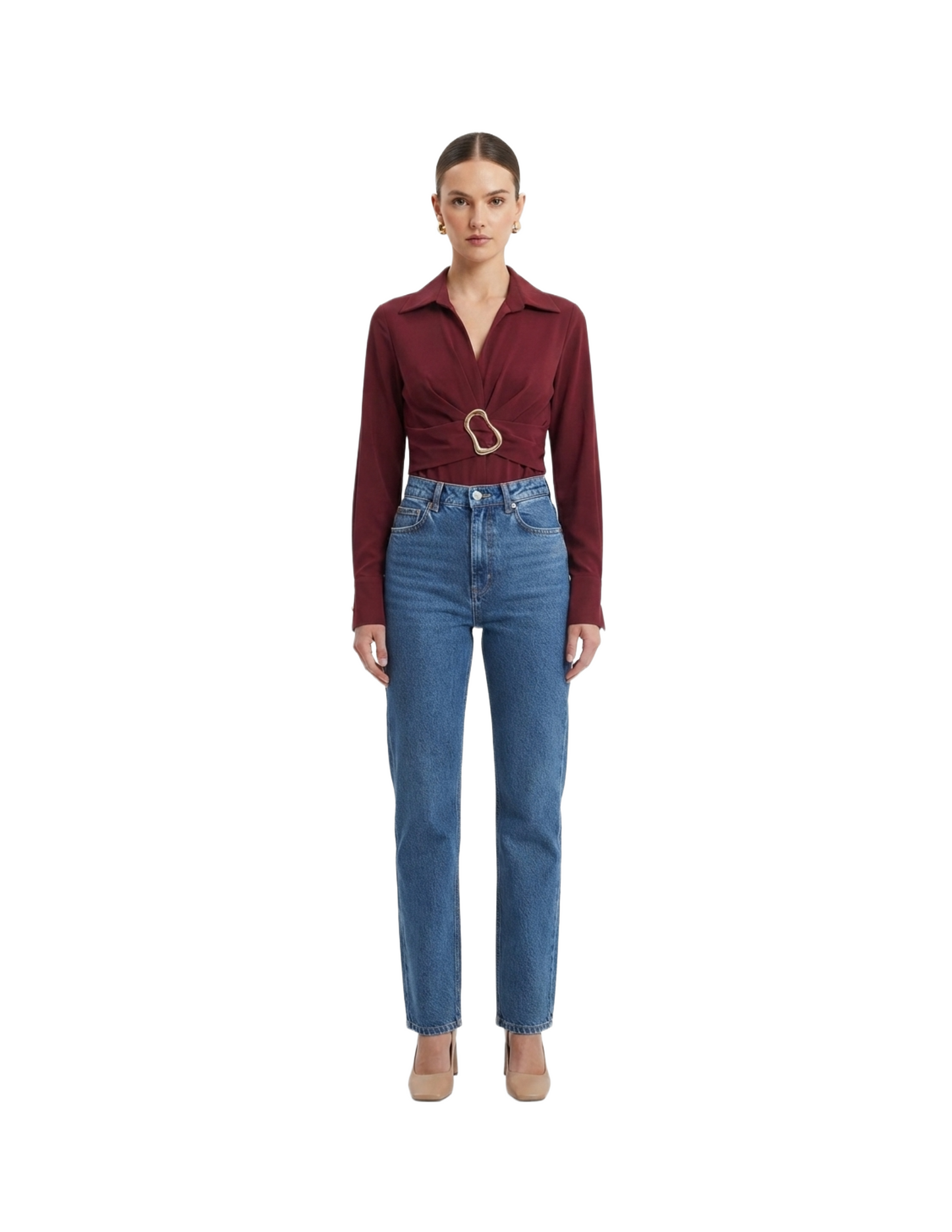 Blusa roja cuello en V con medio cinto