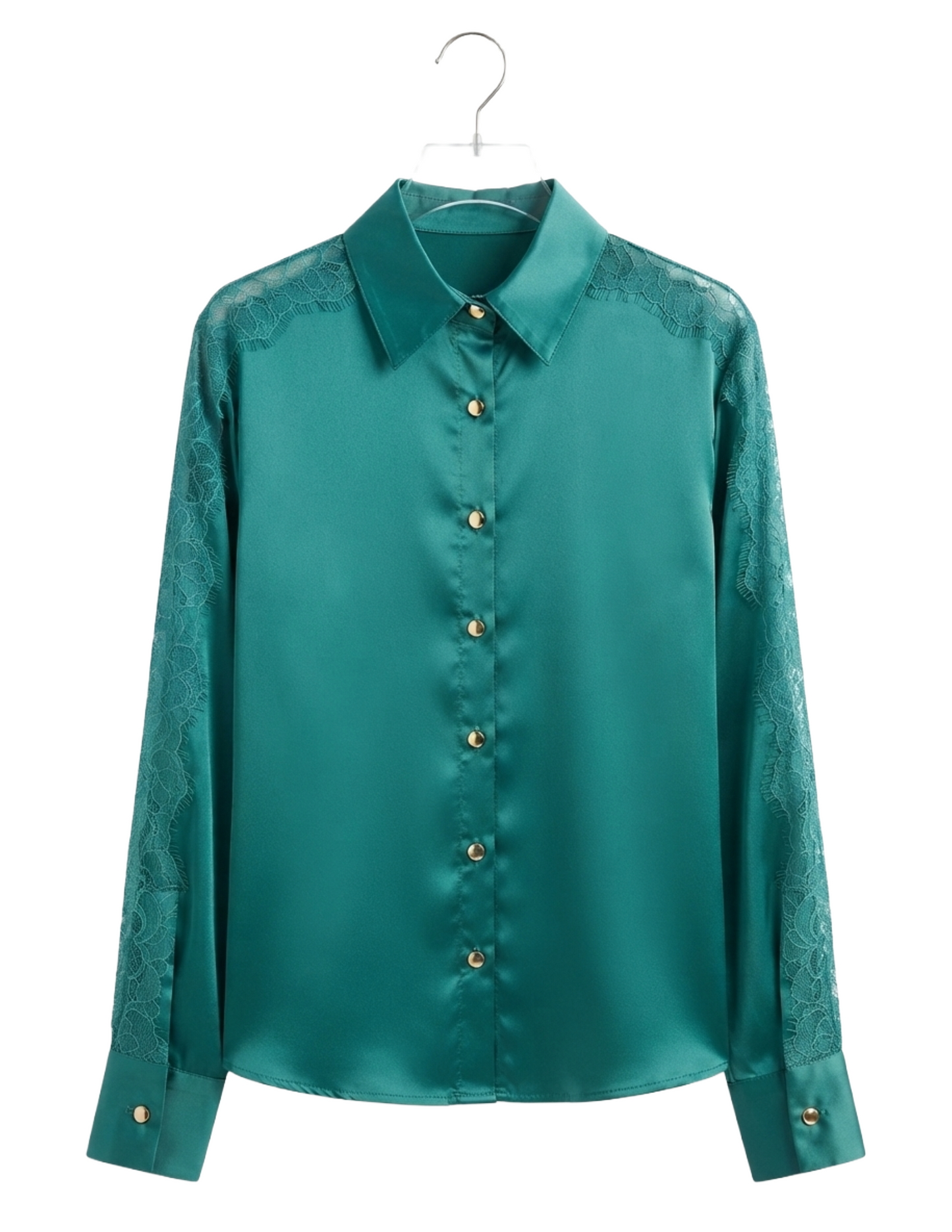 Blusa azul abotonada con encaje decorativo en mangas