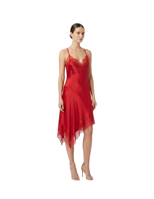 Vestido tipo satinado de tirantes con caida lateral de encaje