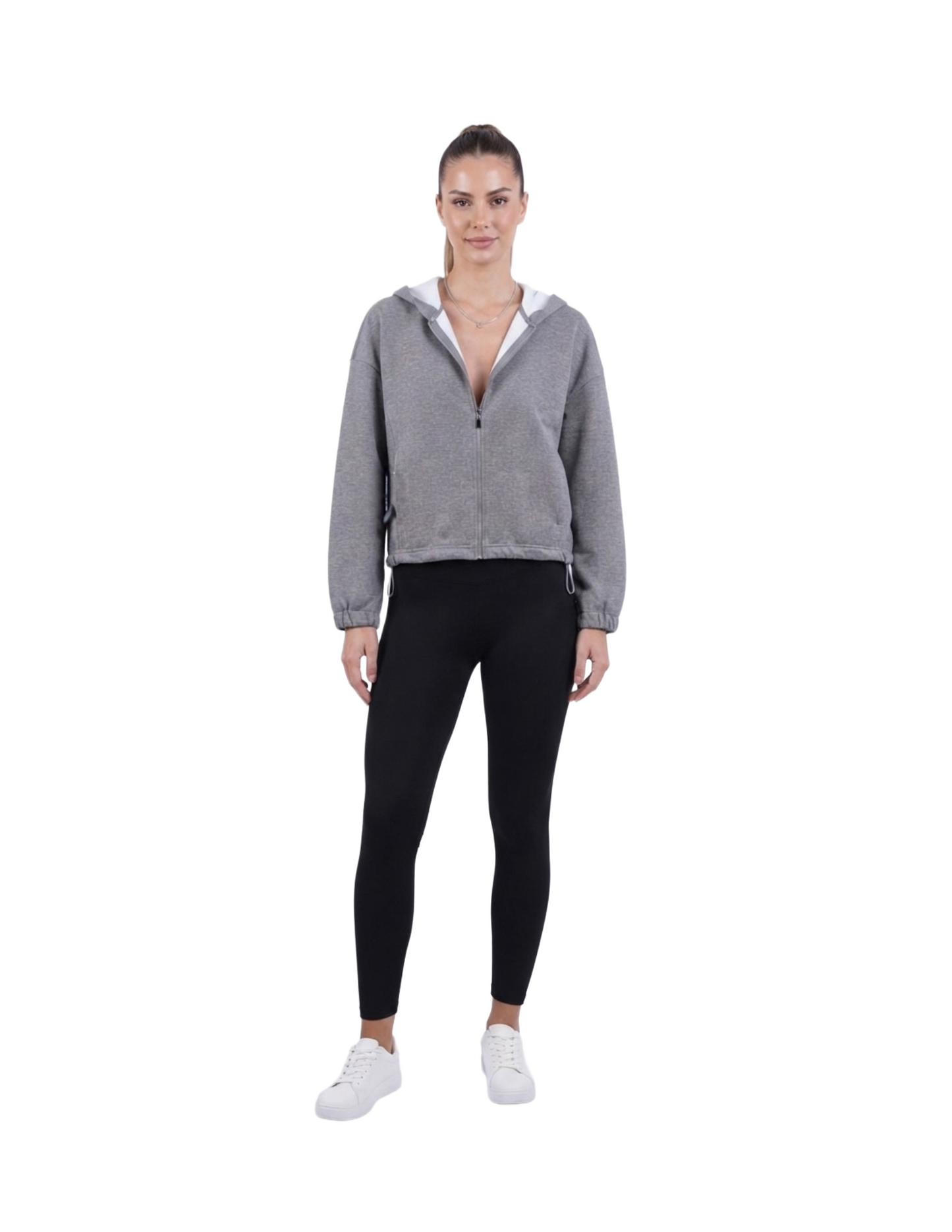 Sudadera gris con ajuste lateral, con capucha y ziper