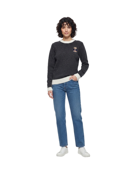 Suéter gris con cuello y mangas con contrastes de color bordado decorativo