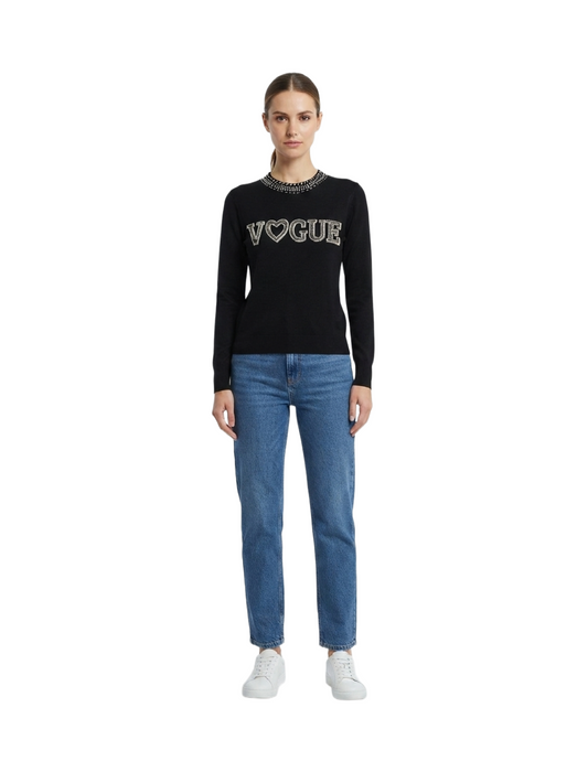 Sueter negro tipo blusa con aplicaciones de brillos