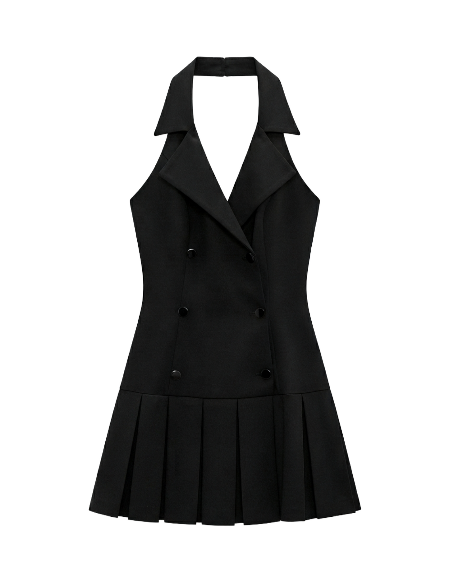 Vestido negro con cuello estilo halter tableado