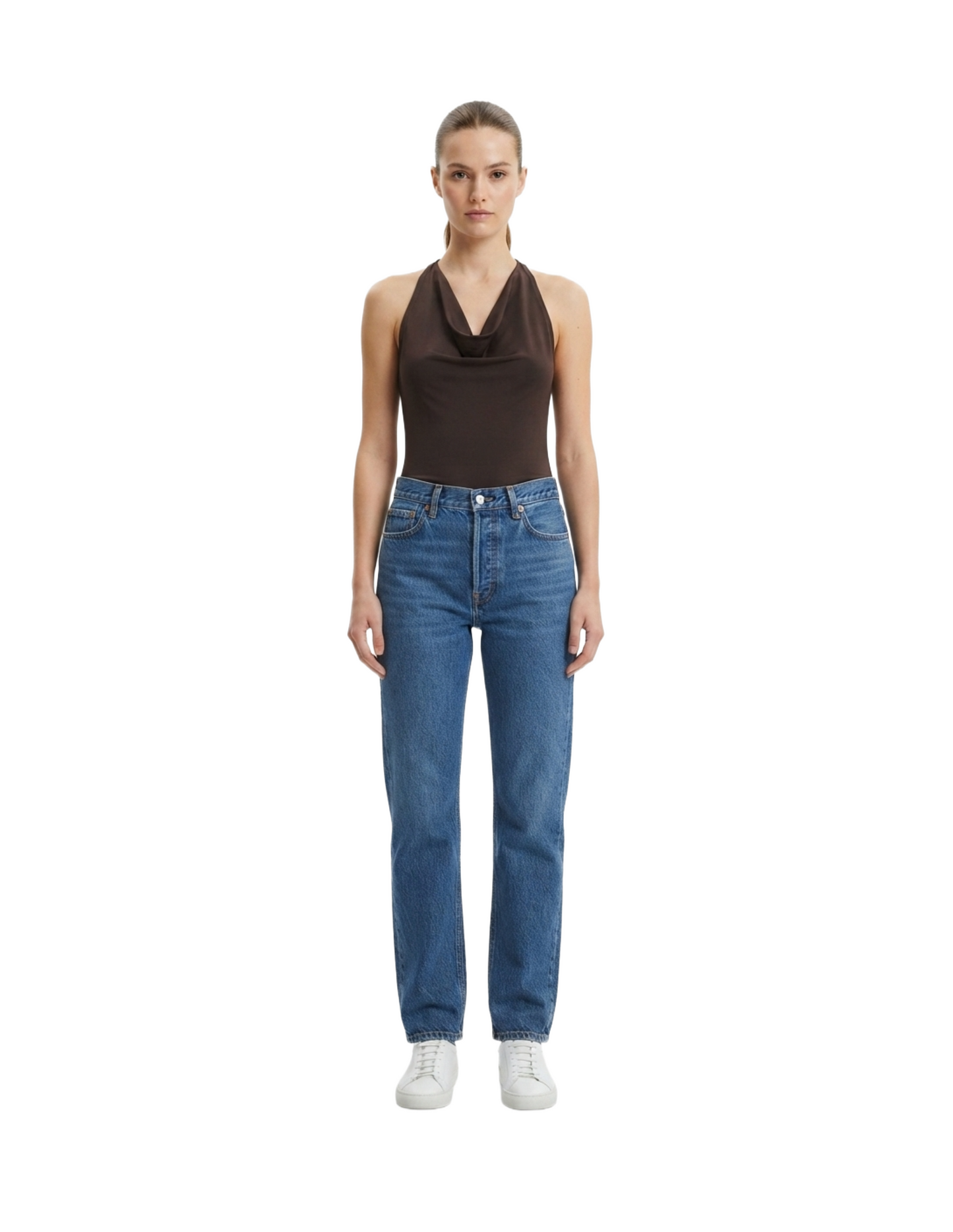 Blusa cafe estilo halter con cuelo caído