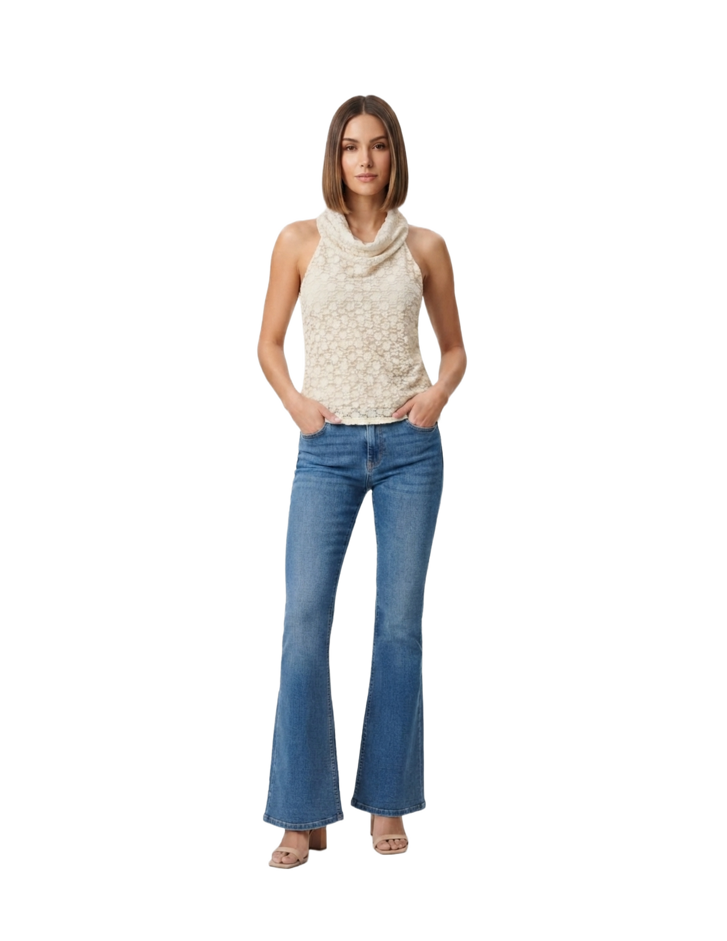 Blusa de encaje tipo halter beige