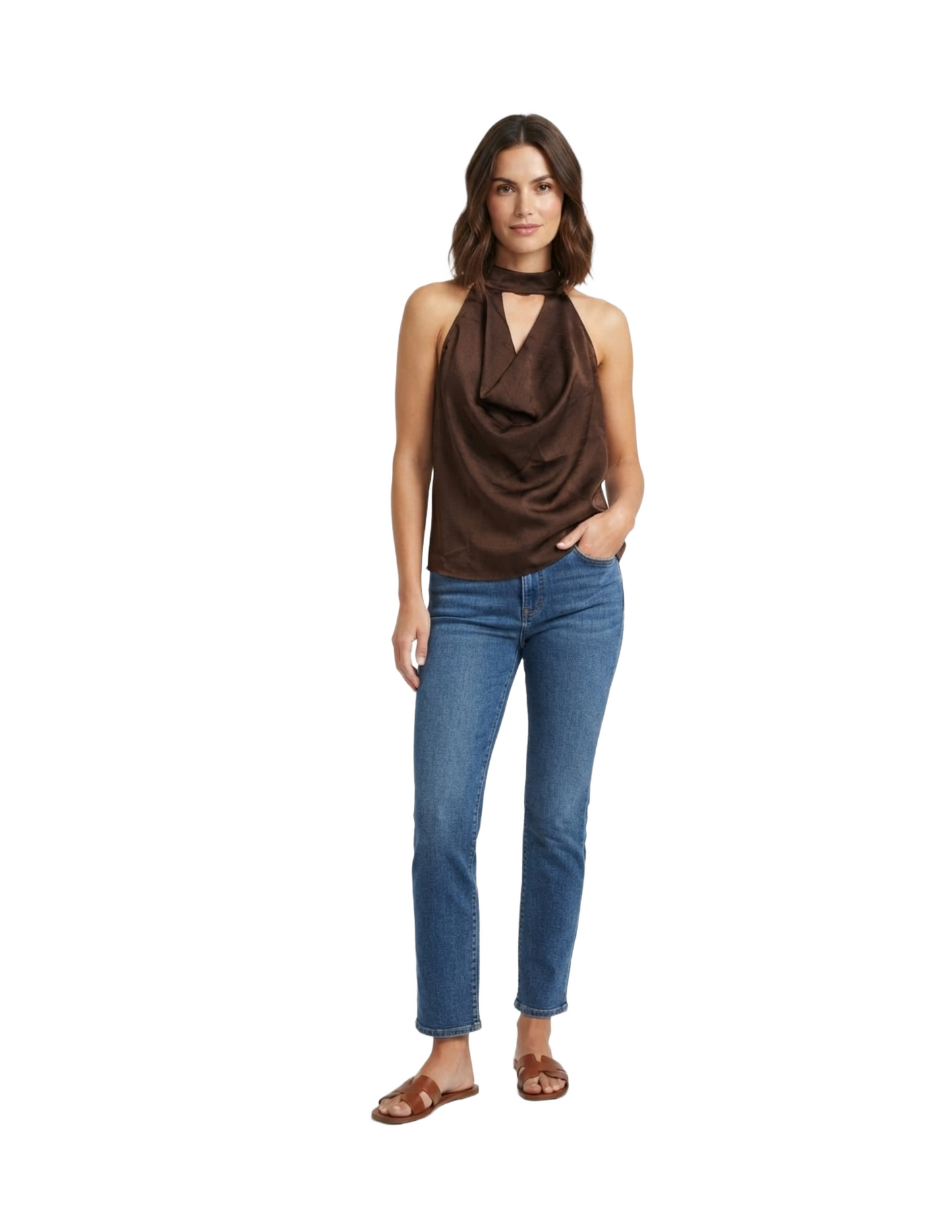 Blusa cafe estilo halter con amarre en cuello