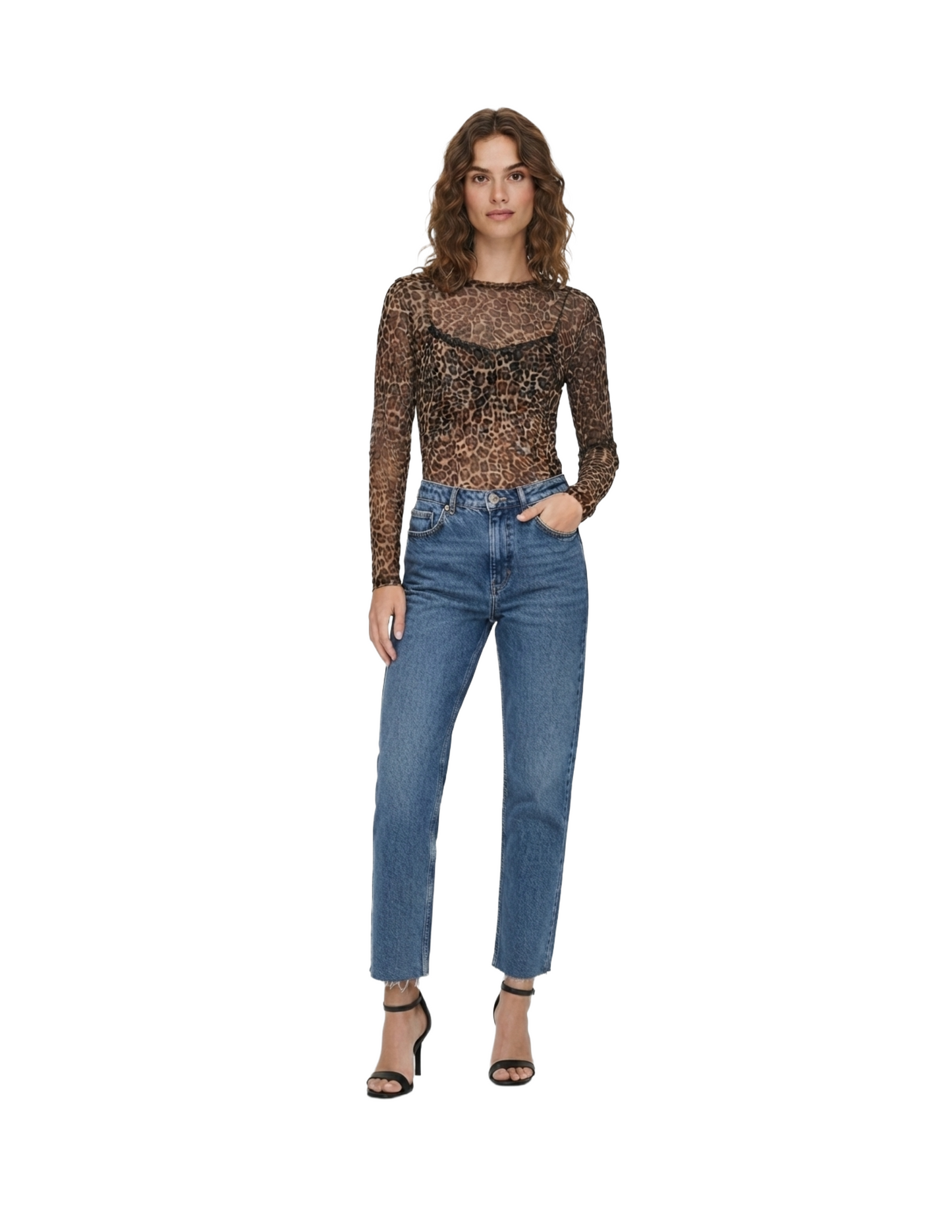 Blusa mesh de animal print con crop top negro