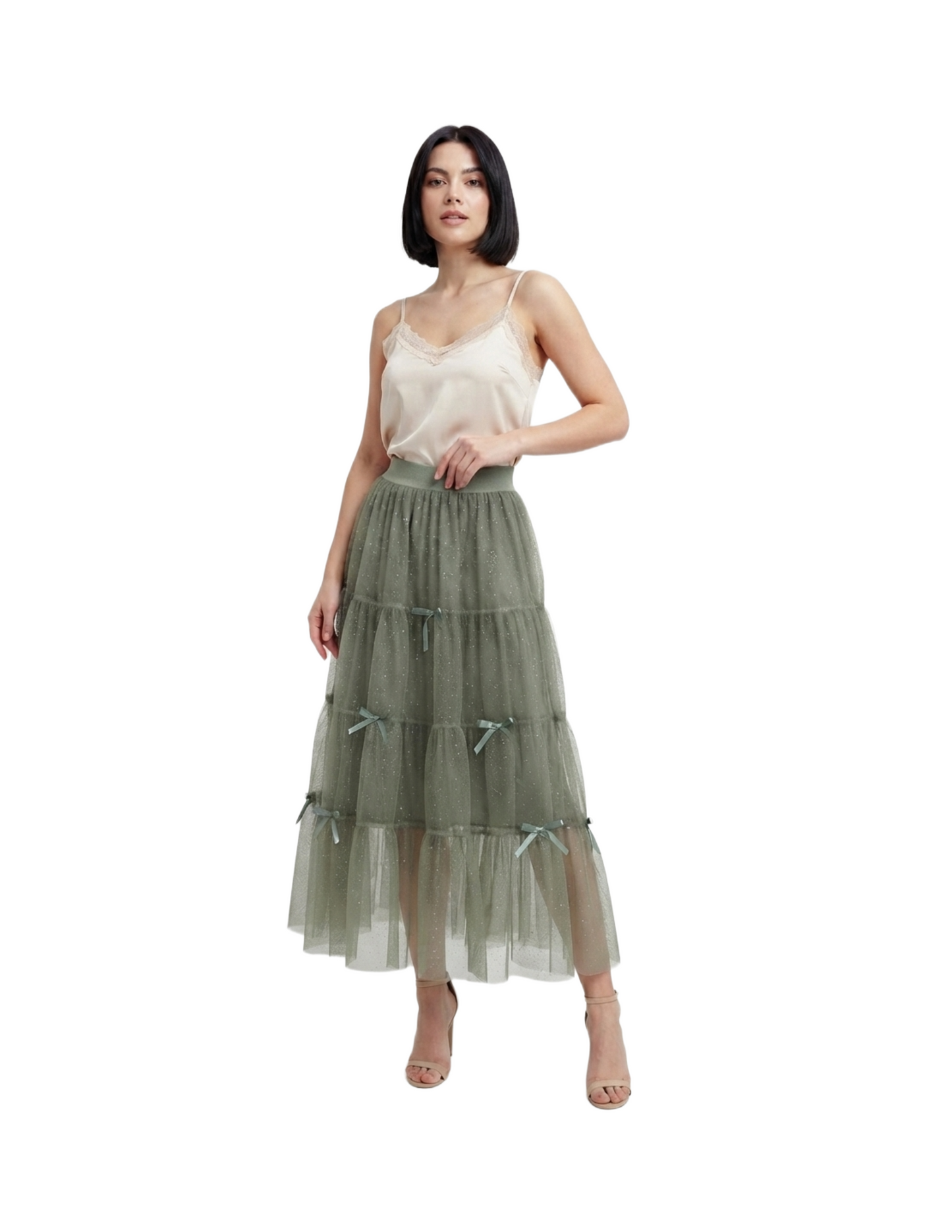 Falda verde larga con brillos con doble forro