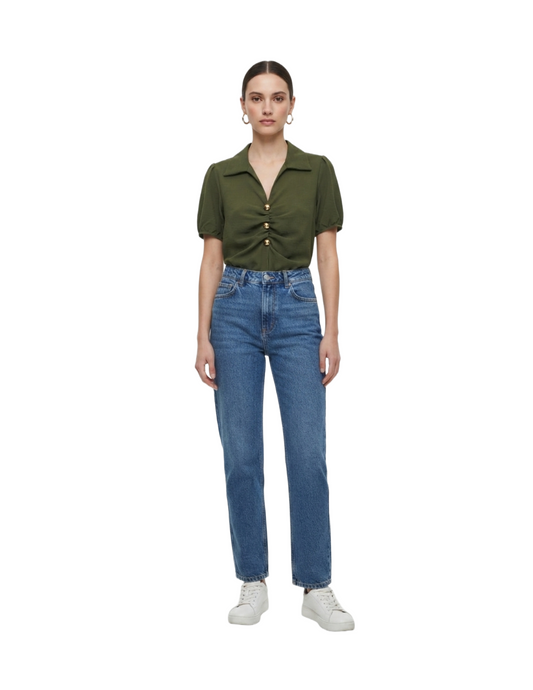 Blusa verde plisado lateral con botones dorados