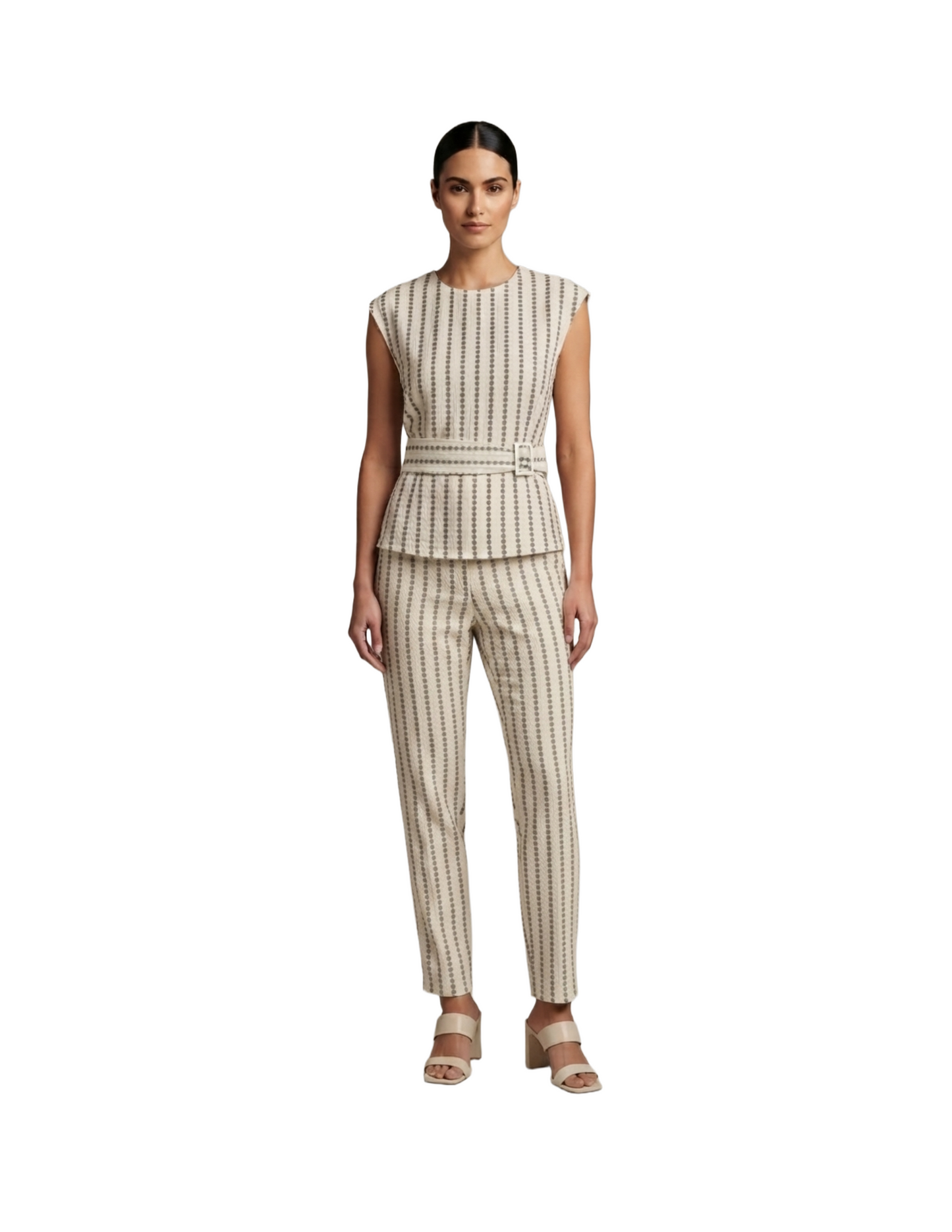 Conjunto de dos piezas de blusa y pantalón bordados con cuello redondo
