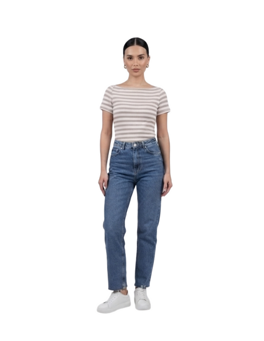 Blusa acanalada con rayas cafes y blancas