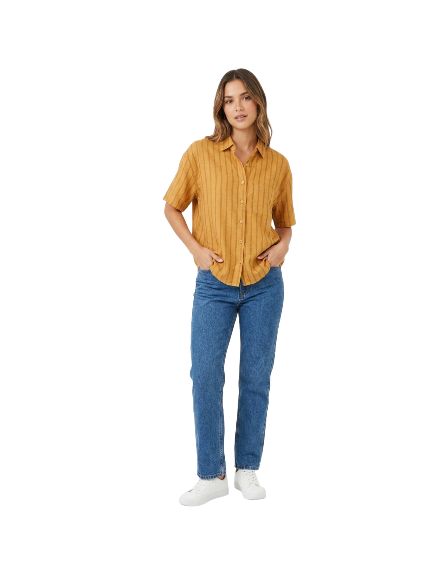 Blusa color mostaza abotonada de rayas