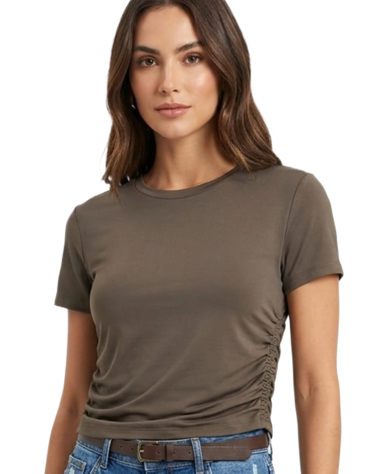 Blusa cafe con plisado lateral cuello redondo