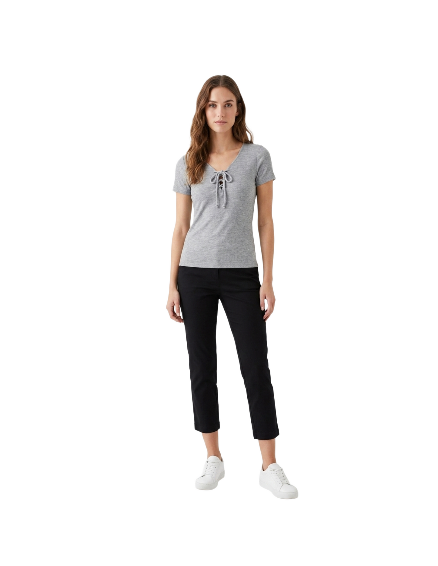 Blusa gris acanalada con amarre en pecho