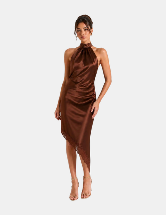 Vestido halter cafe satinado con encaje en falda
