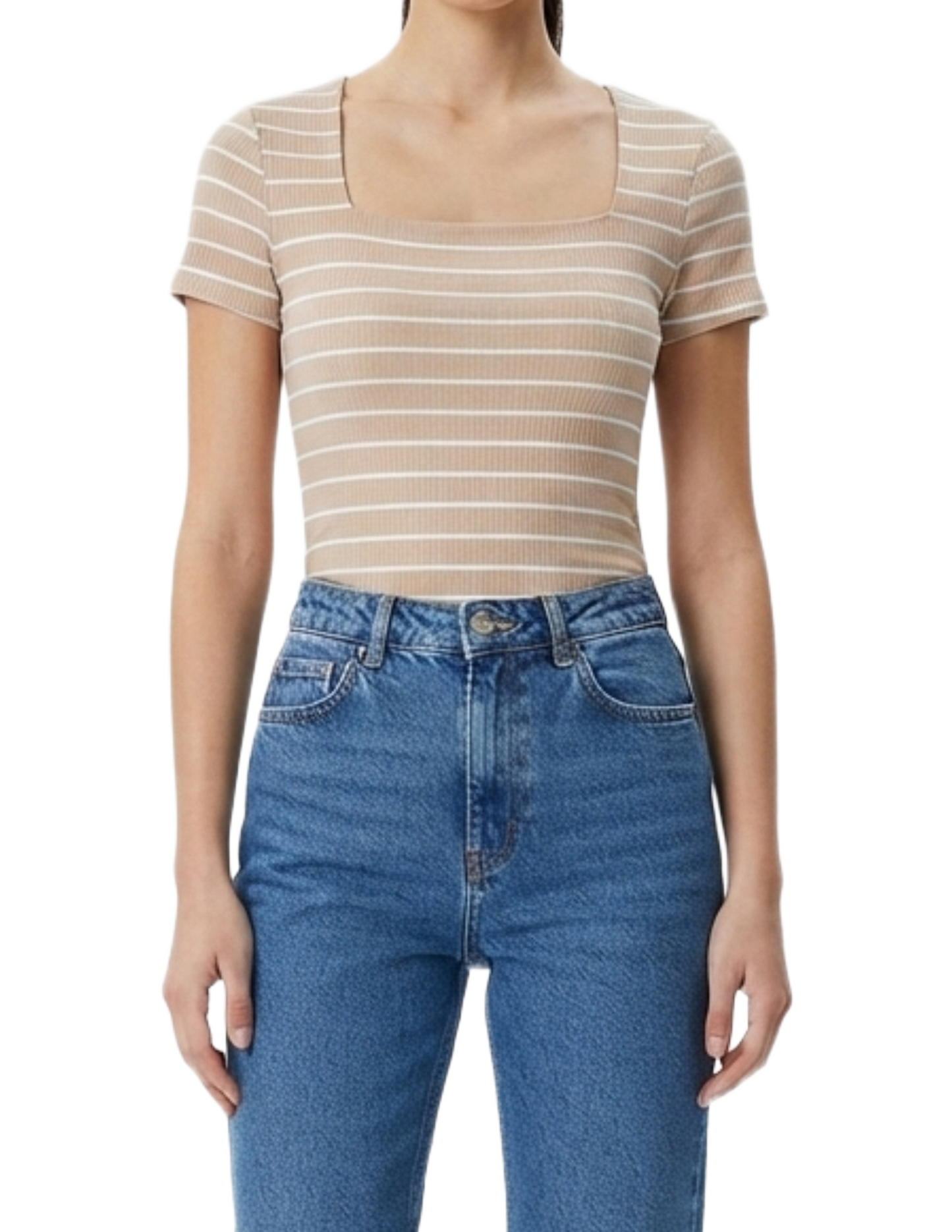 Blusa cafe acanalada con rayas horizontales blancas