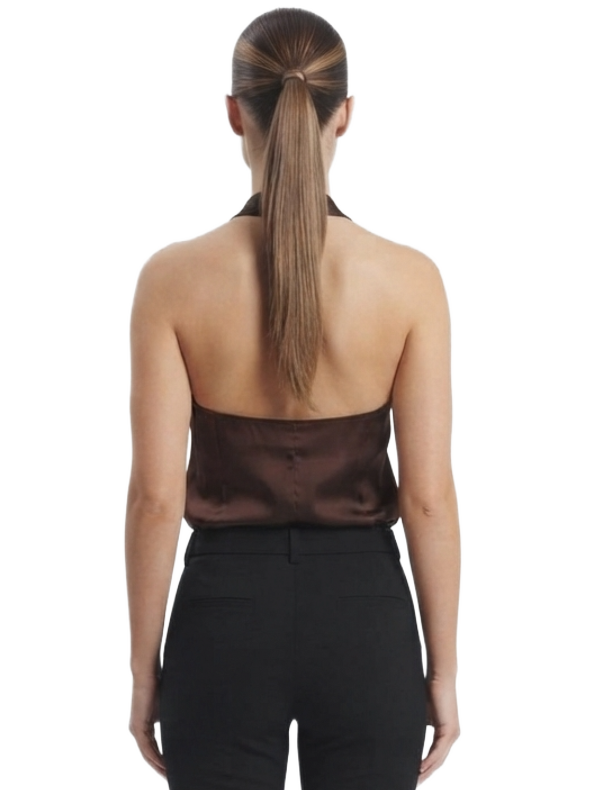 Blusa satinada tipo halter cafe