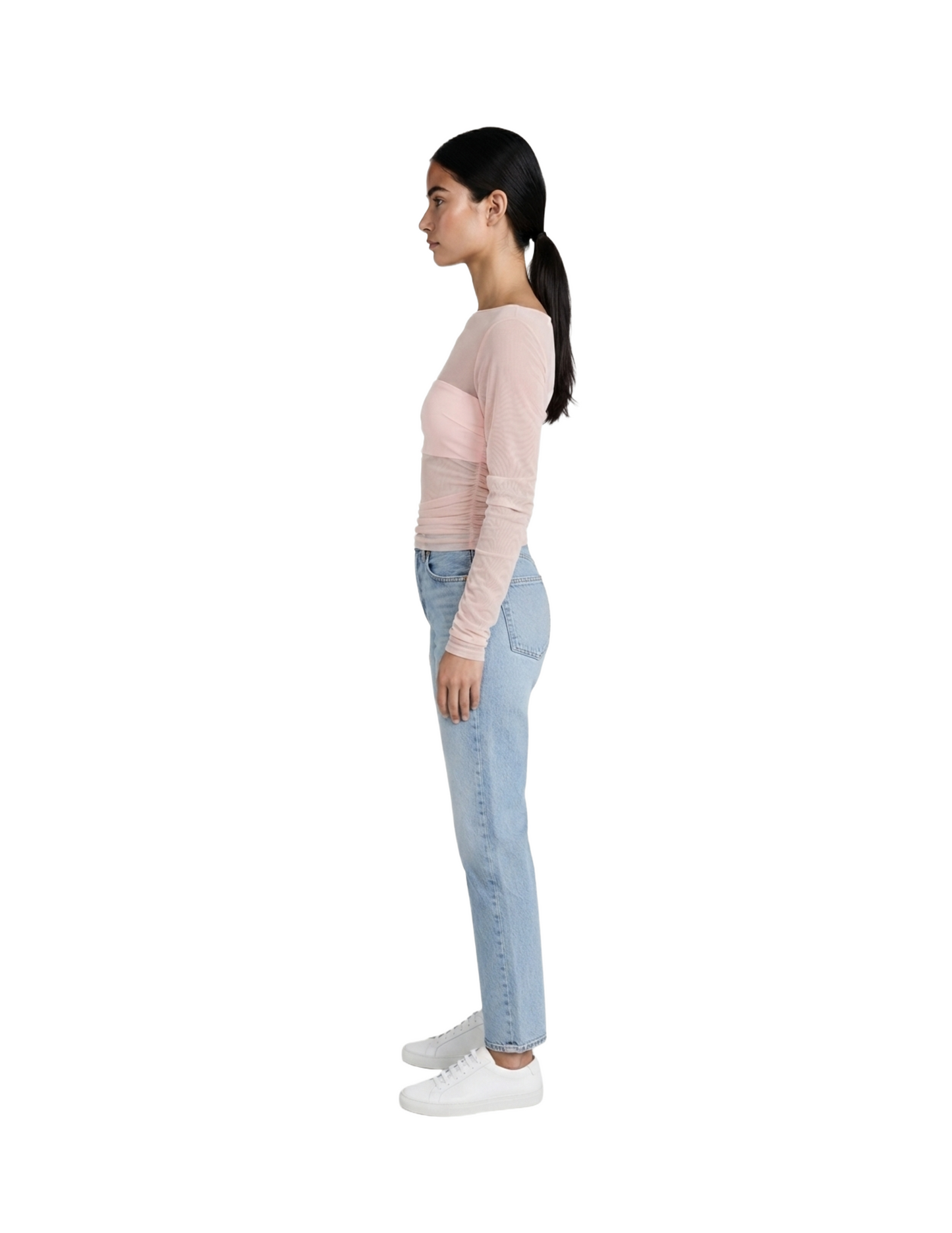 Blusa rosa mesh con plisado lateral