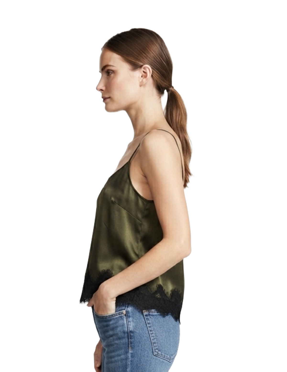 Blusa verde satinada con encaje