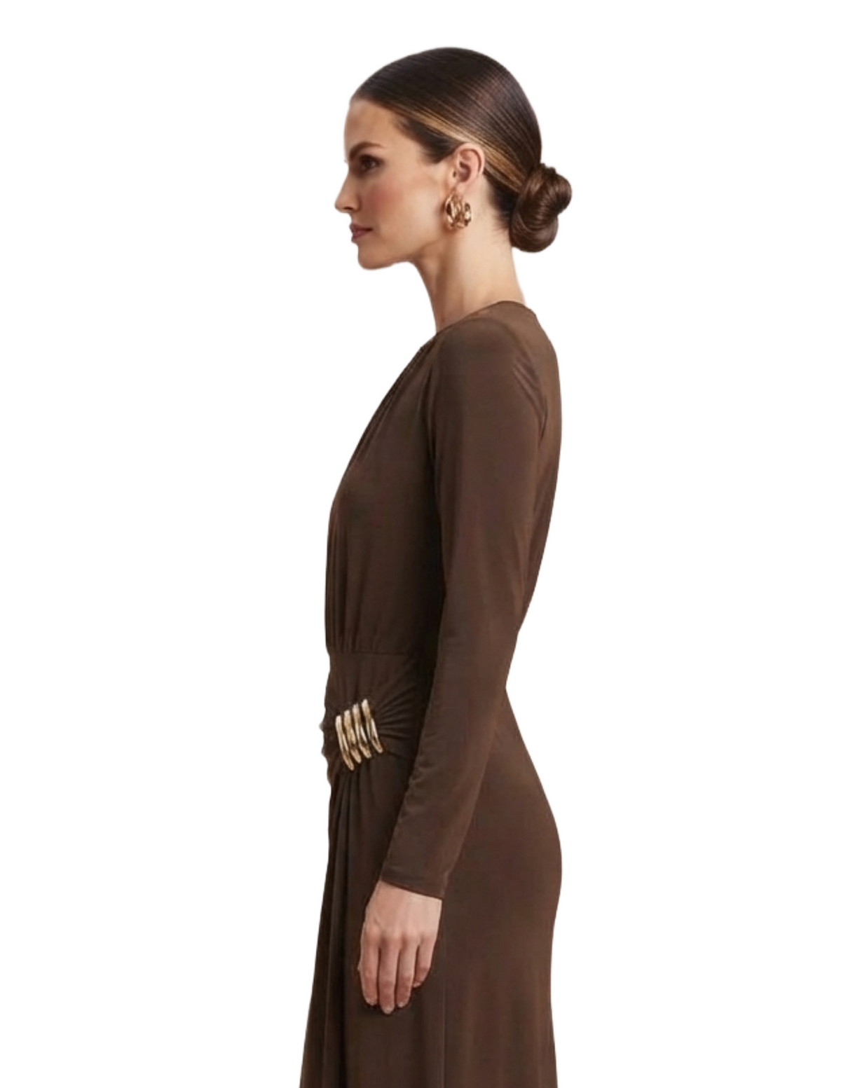 Vestido cafe largo con broche lateral