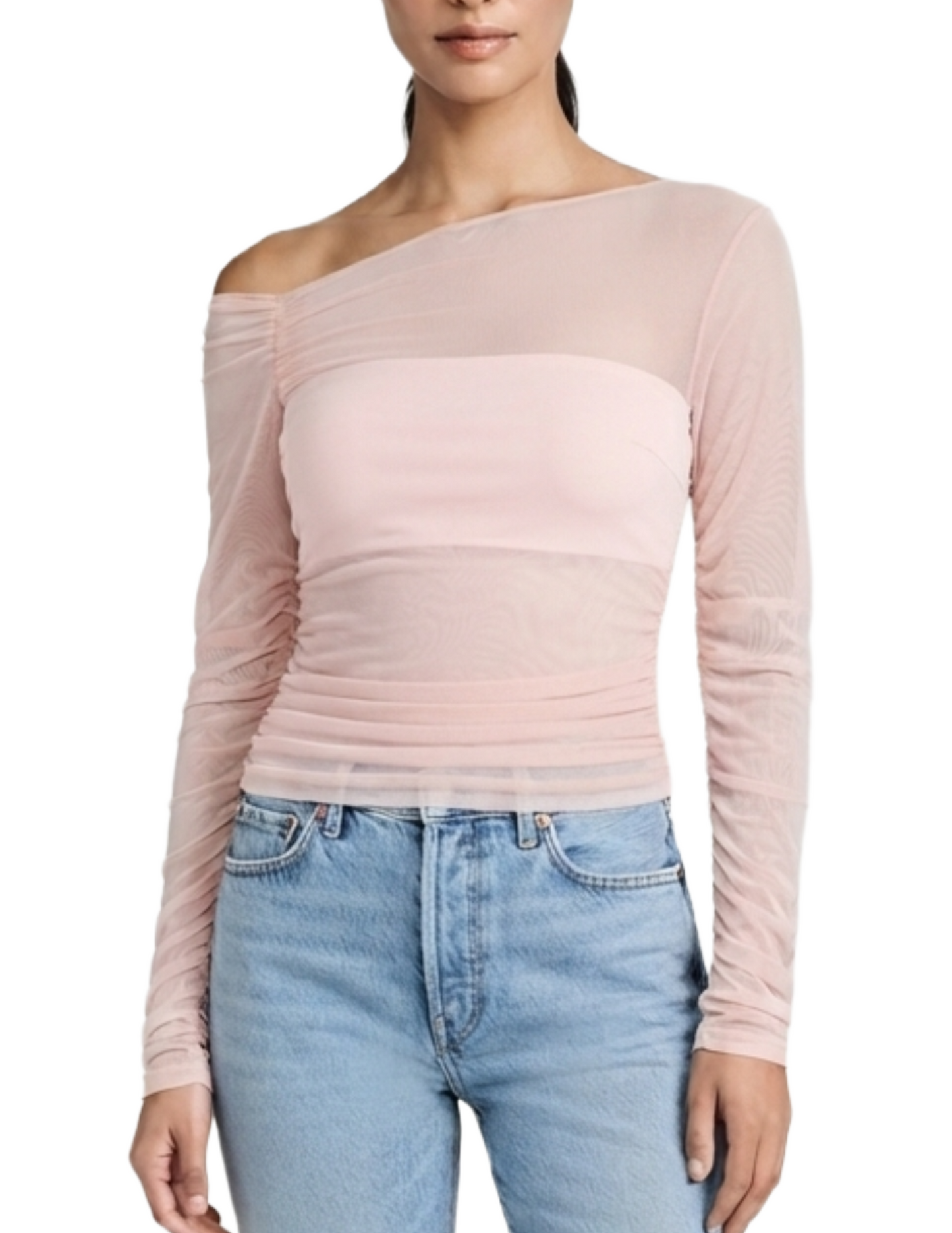 Blusa rosa mesh con plisado lateral
