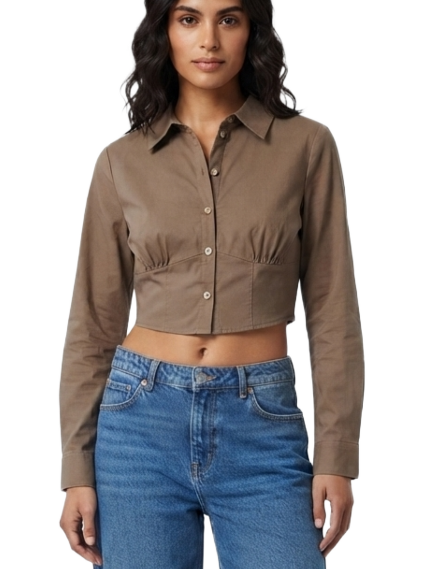 Blusa cafe abotonada seccionada manga larga