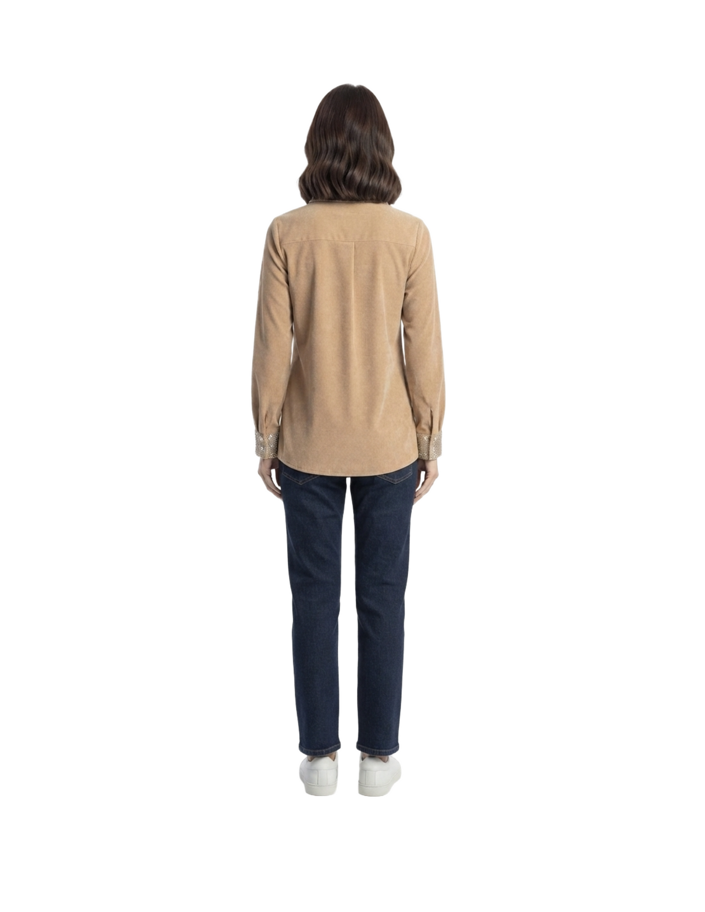 Blusa cafe abotonada acanalada con brillos decorativos