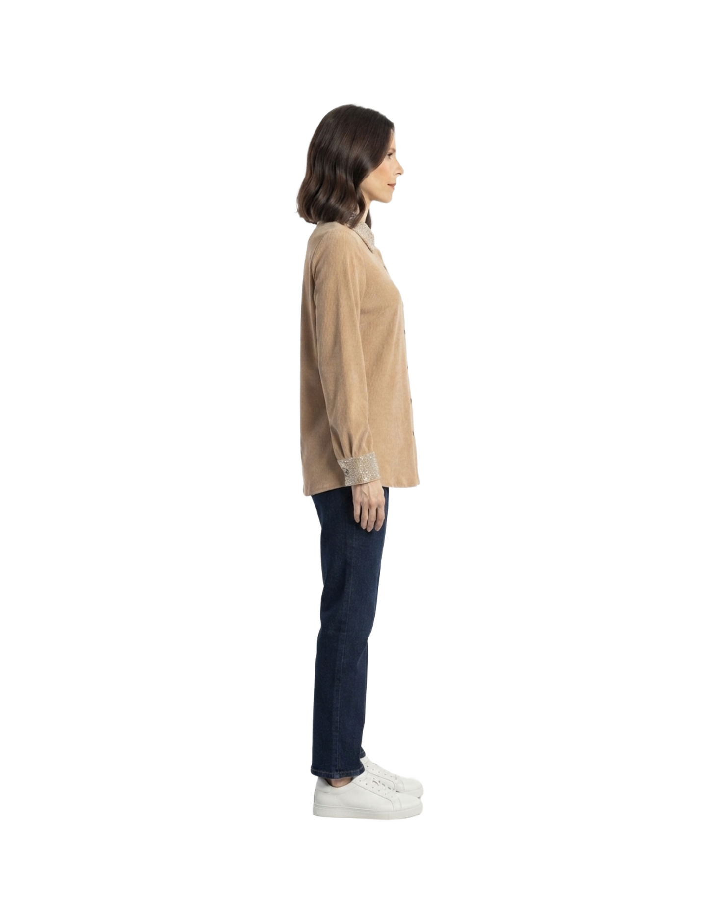 Blusa cafe abotonada acanalada con brillos decorativos