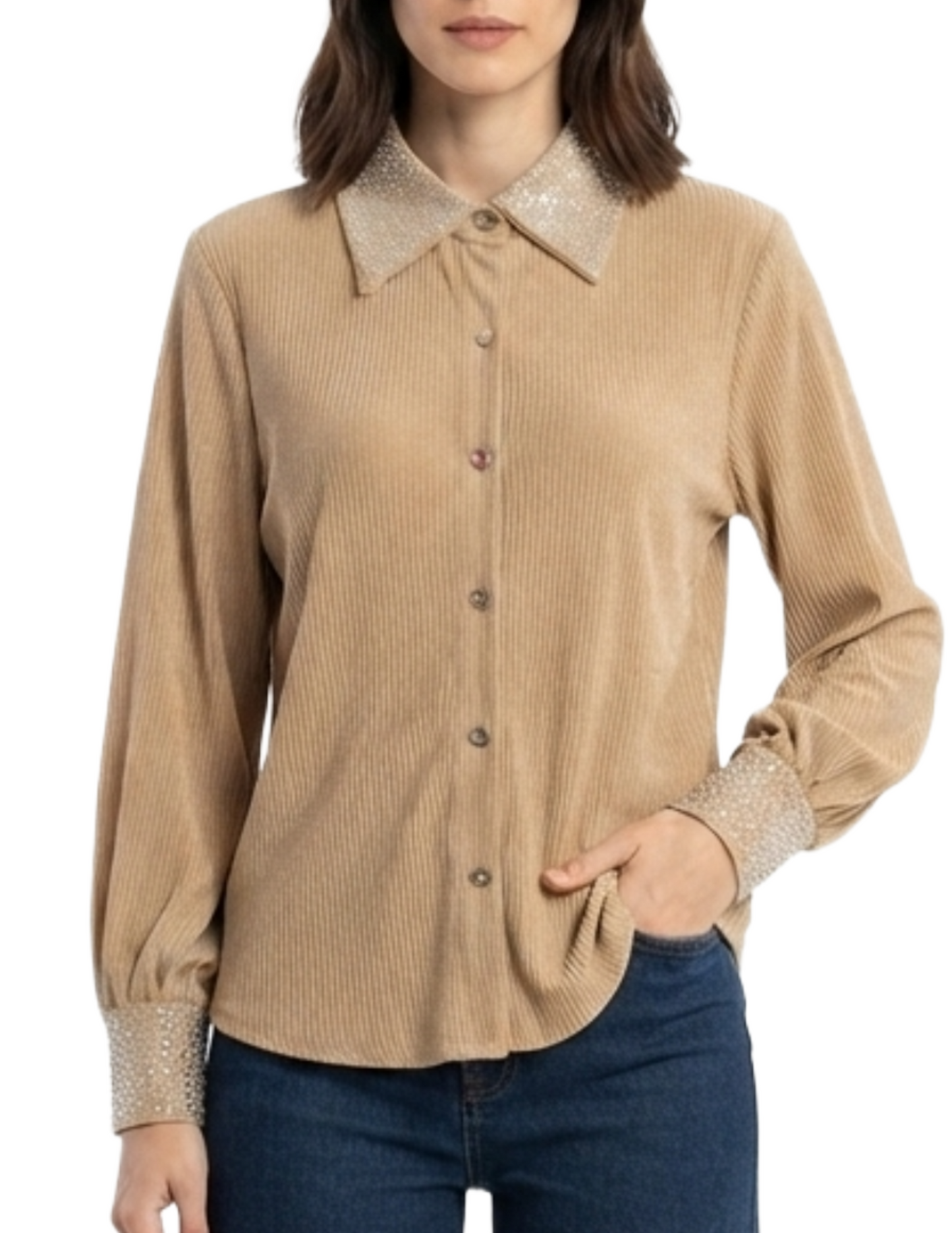 Blusa cafe abotonada acanalada con brillos decorativos