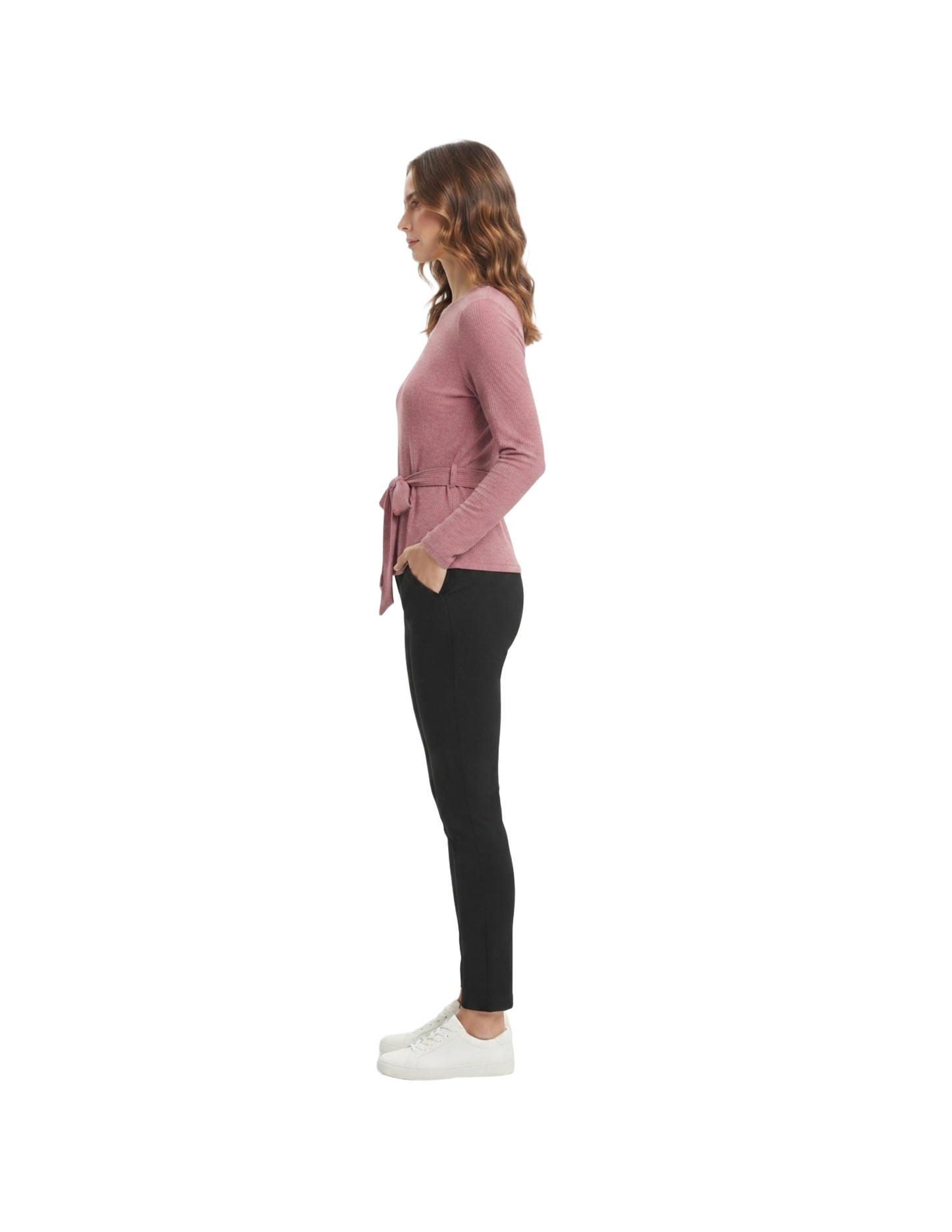 Blusa rosa acanalada manga larga con amarre lateral