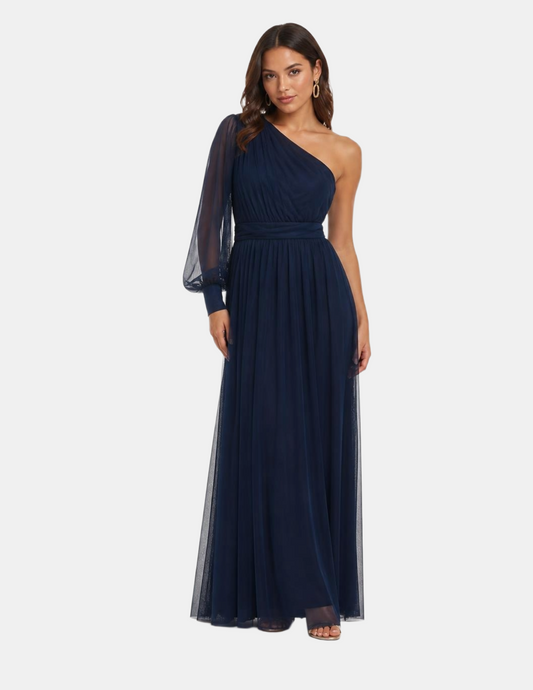 Vestido azul de noche con detalle a una manga de mesh