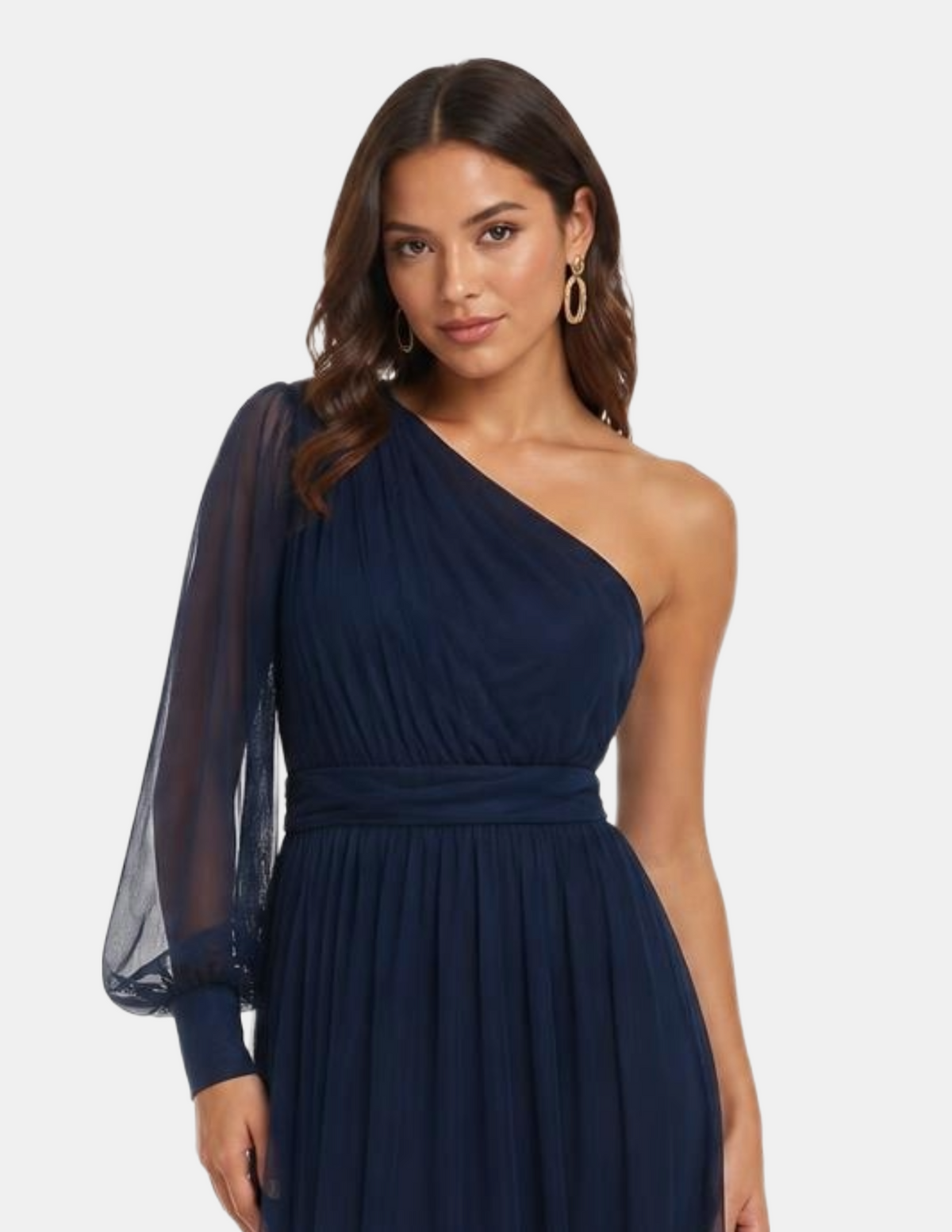 Vestido azul de noche con detalle a una manga de mesh
