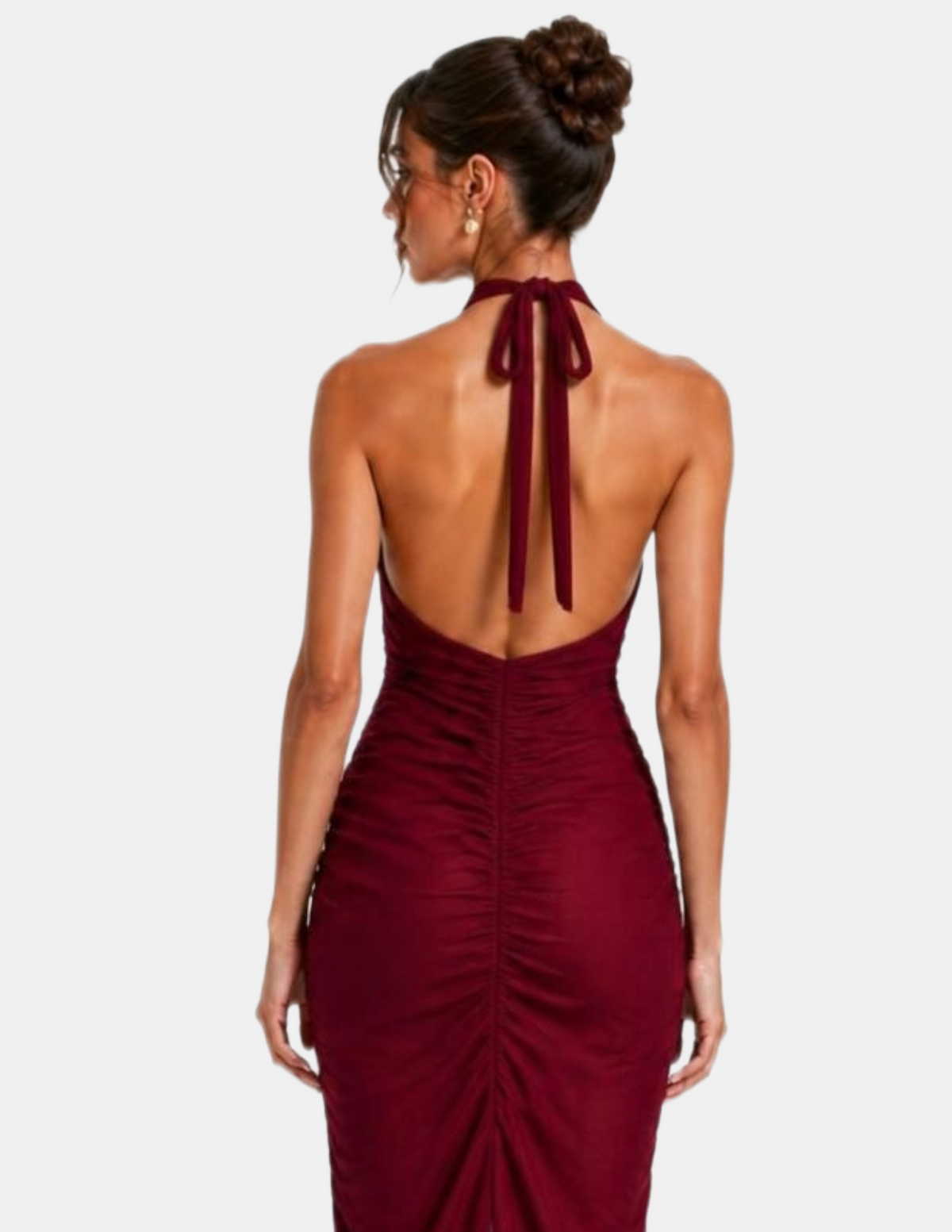 Vestido guinda con amarre al cuello estilo satinado