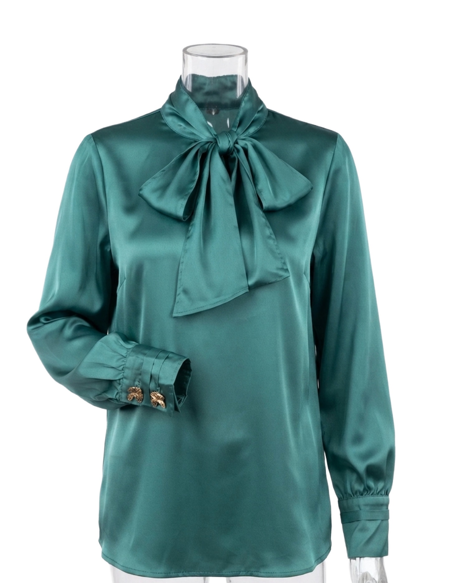 Blusa satinada color acqua con amarre en cuello