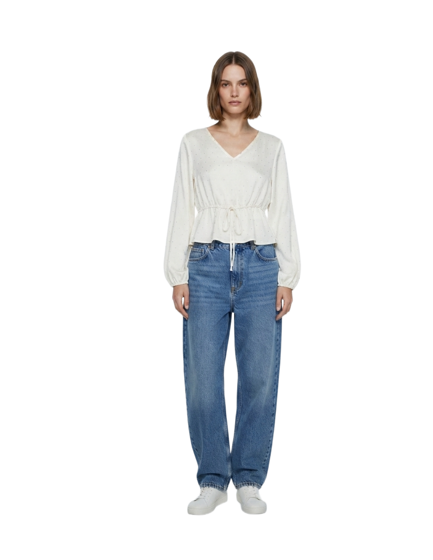 Blusa satinada con puntos brillantes decorados, ajuste en cintura