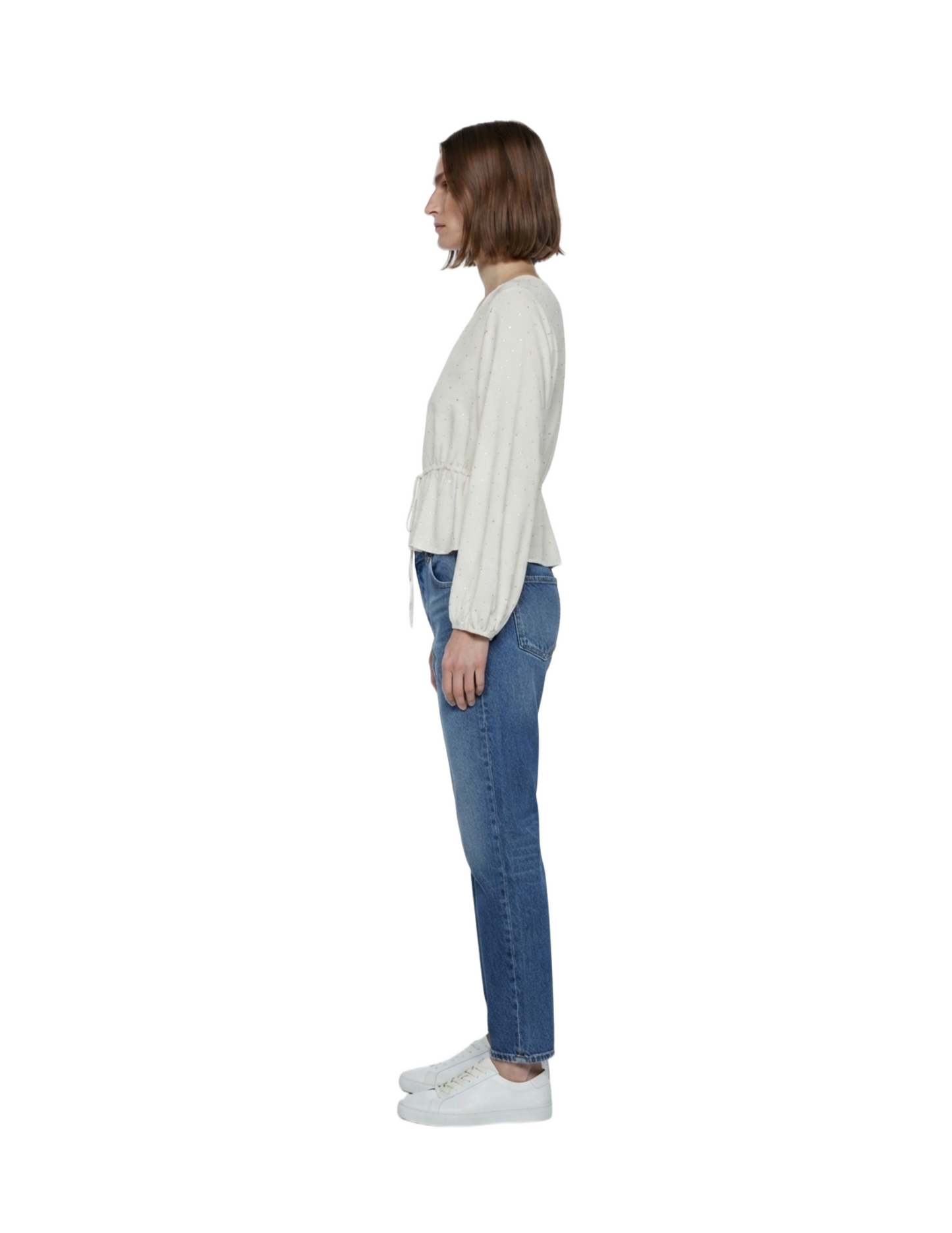 Blusa satinada con puntos brillantes decorados, ajuste en cintura