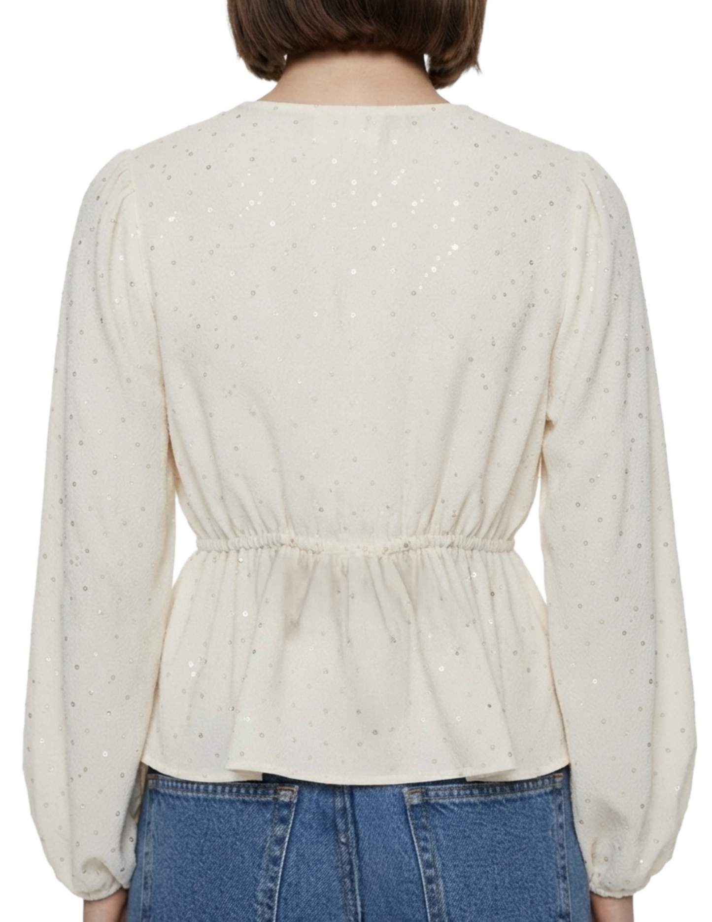 Blusa satinada con puntos brillantes decorados, ajuste en cintura