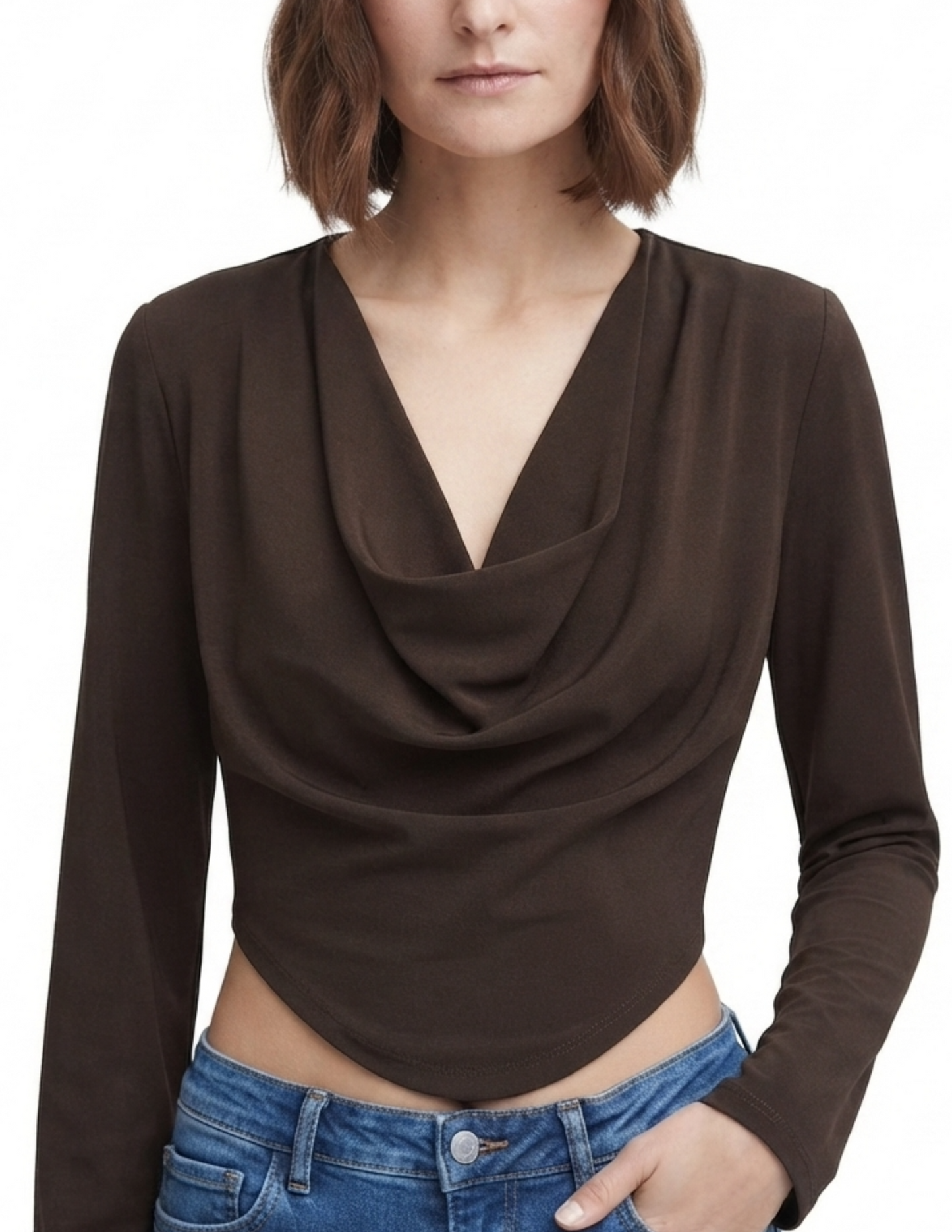 Blusa cafe satinada con cuello holgando manga larga plisados laterales