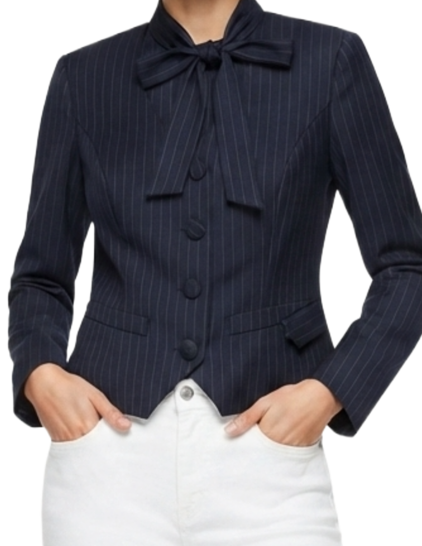 Saco azul rayado con corbata decorativa abotonado
