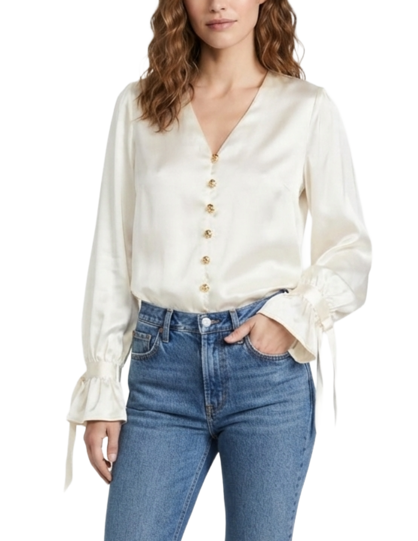 Blusa satinada abotonada con puños decorativos