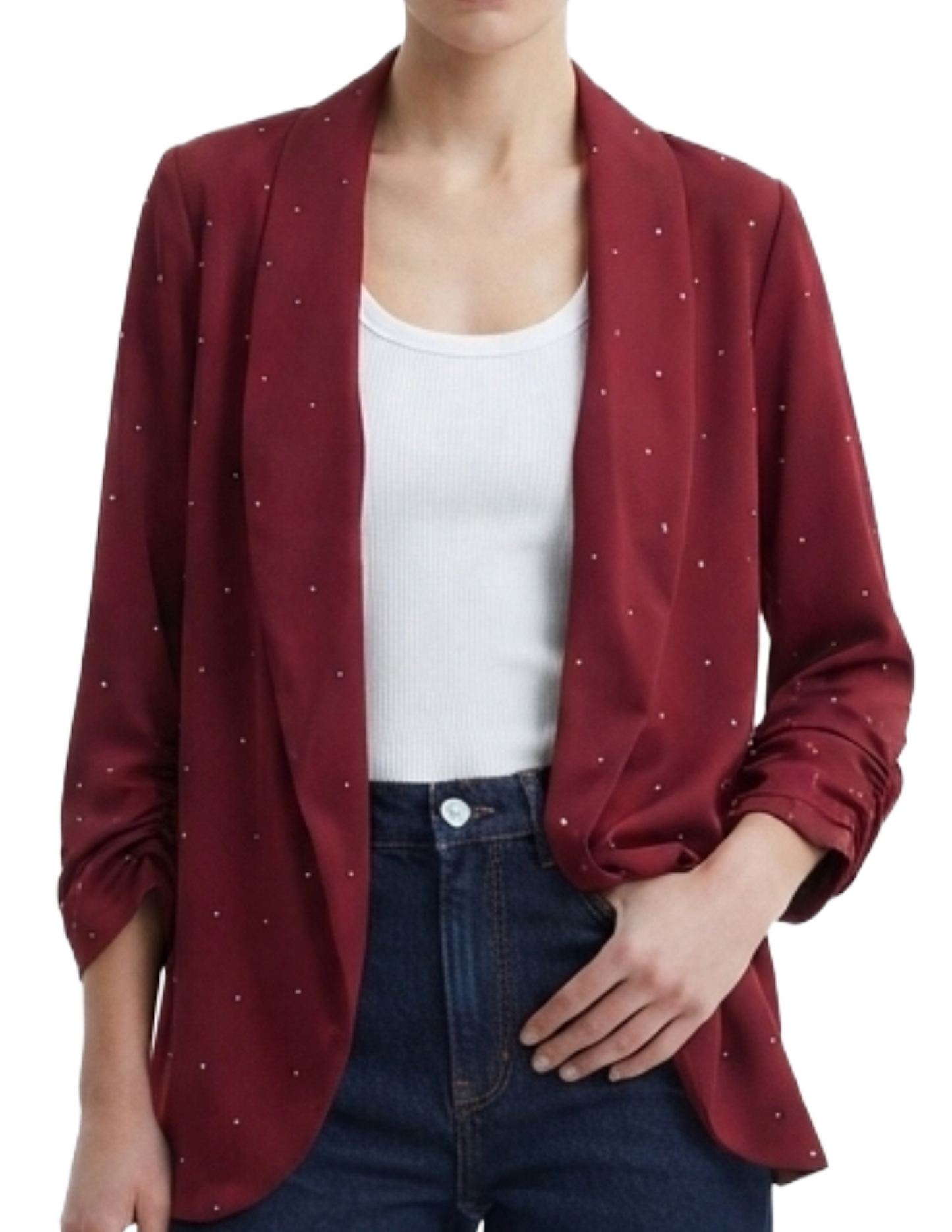 Blazer guinda abierto con brillos manga tres cuartos