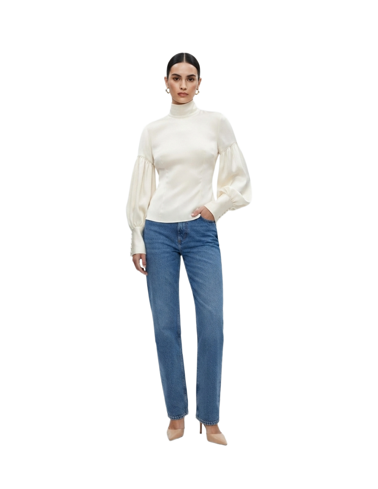 Blusa satinada con amarre en cuello, mangas abombadas