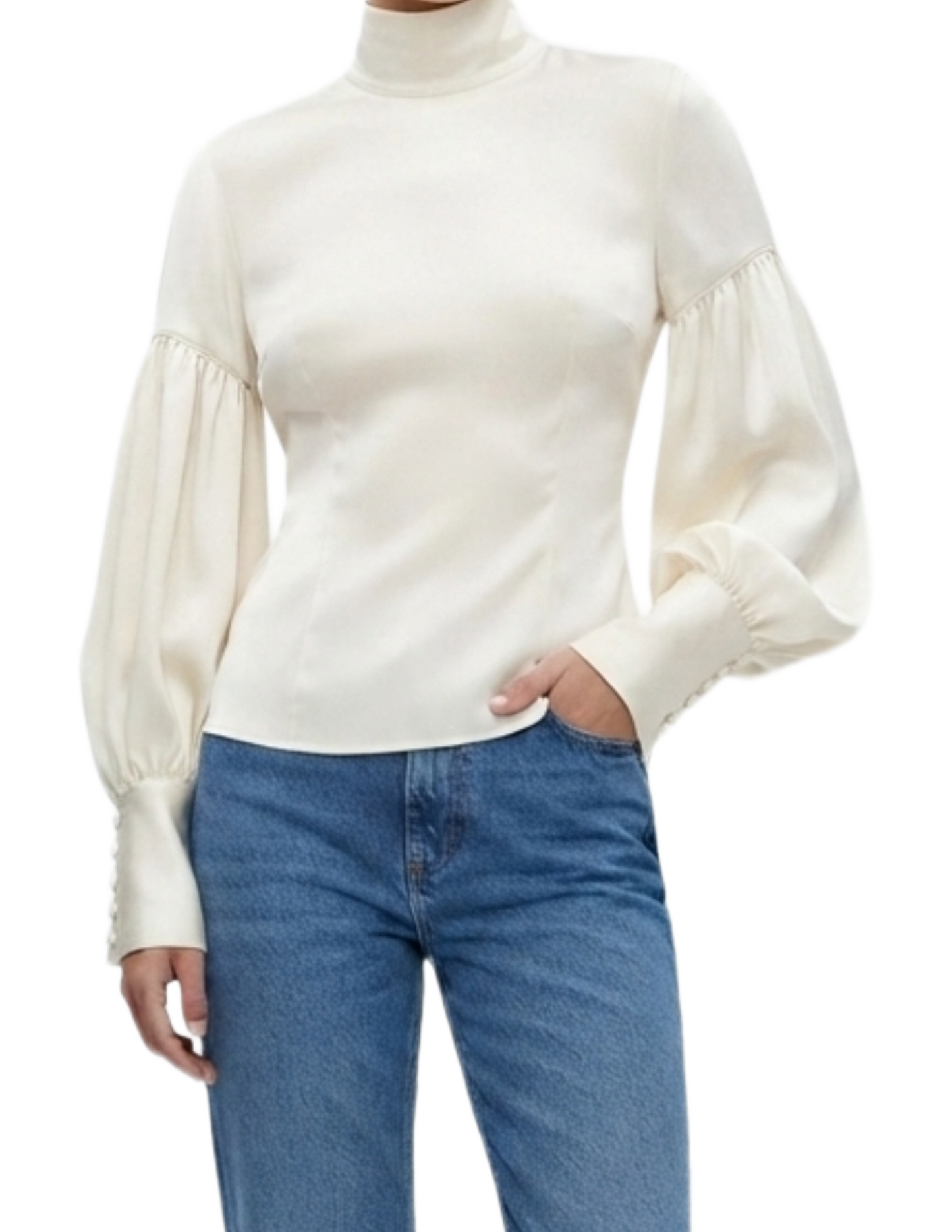 Blusa satinada con amarre en cuello, mangas abombadas