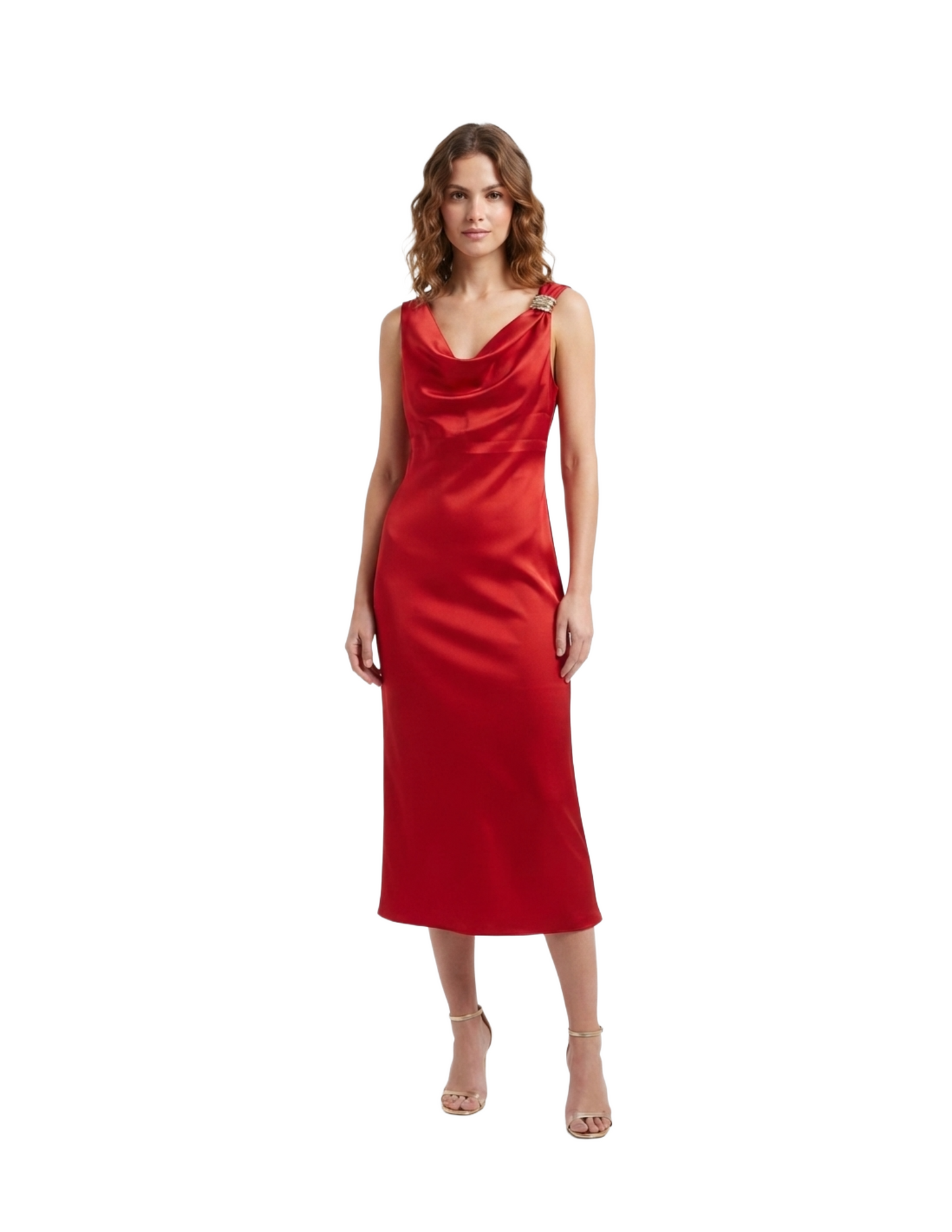 Vestido rojo satinado con detalle metalico en hombro